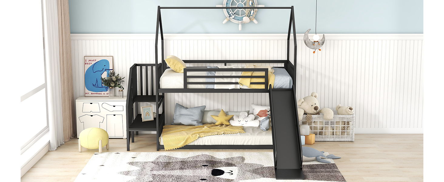 Twin Over Twin Metal Bunk Bed House Bed With Slide And Staircase