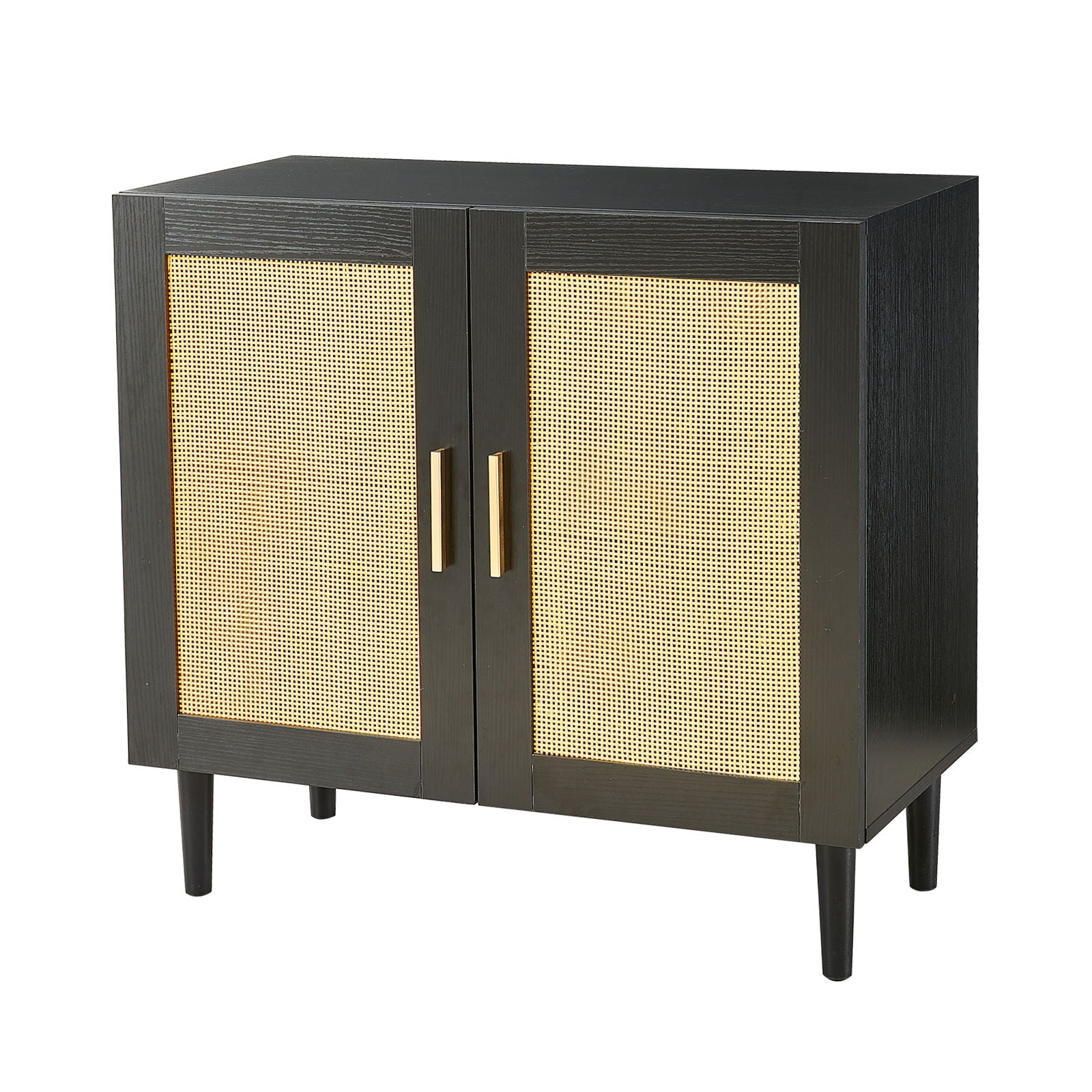 Side Panel Buffet Cabinet With Natural Rattan Door, Rattan Storage Cabinet With Adjustable Shelves, Side Panel And Buffet With Storage Space, Modern Console Cabinet In Bedroom And Living Room - Black / Beige