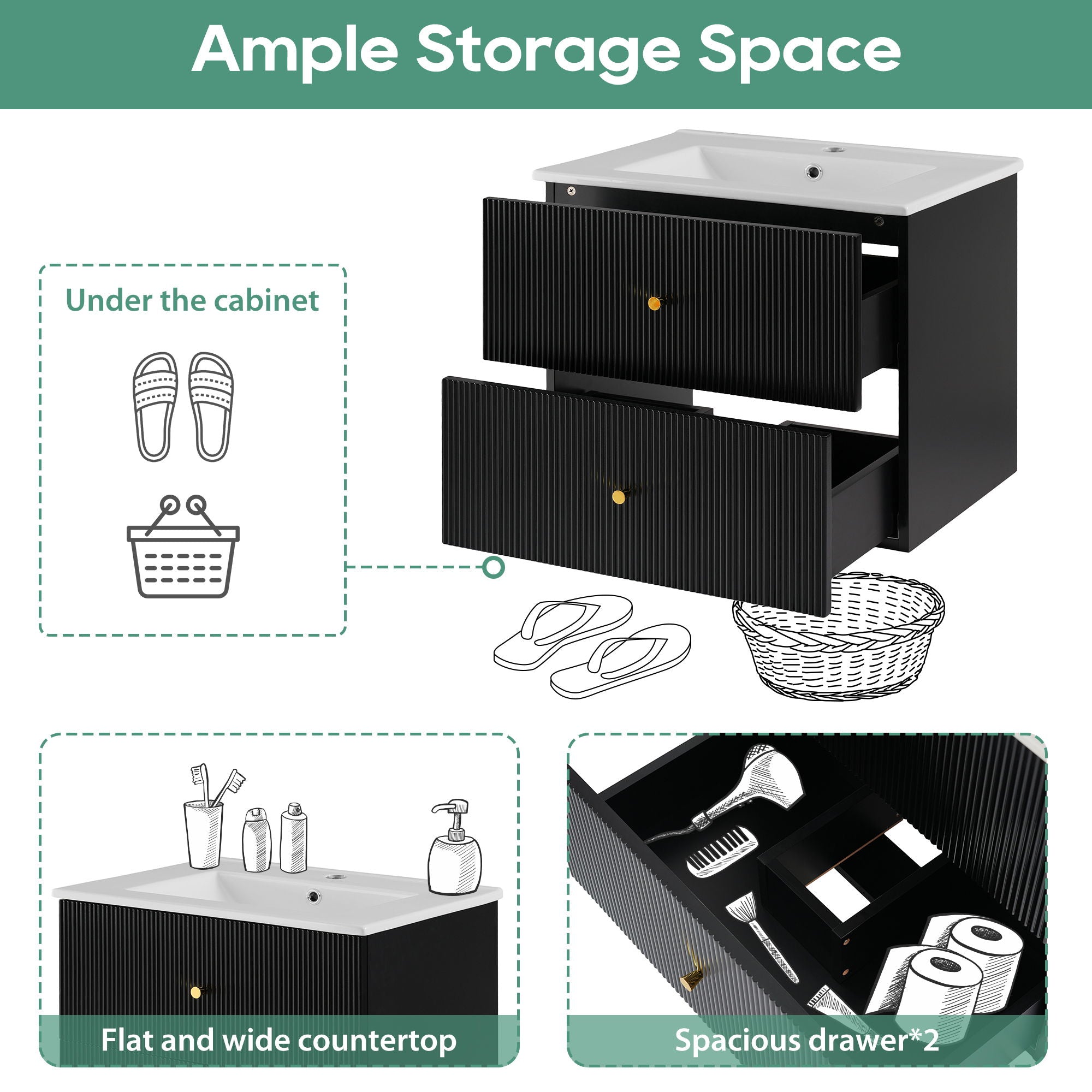 Wall Mounted Bathroom Vanity With 2 Drawers, Ideal For Small Bathrooms