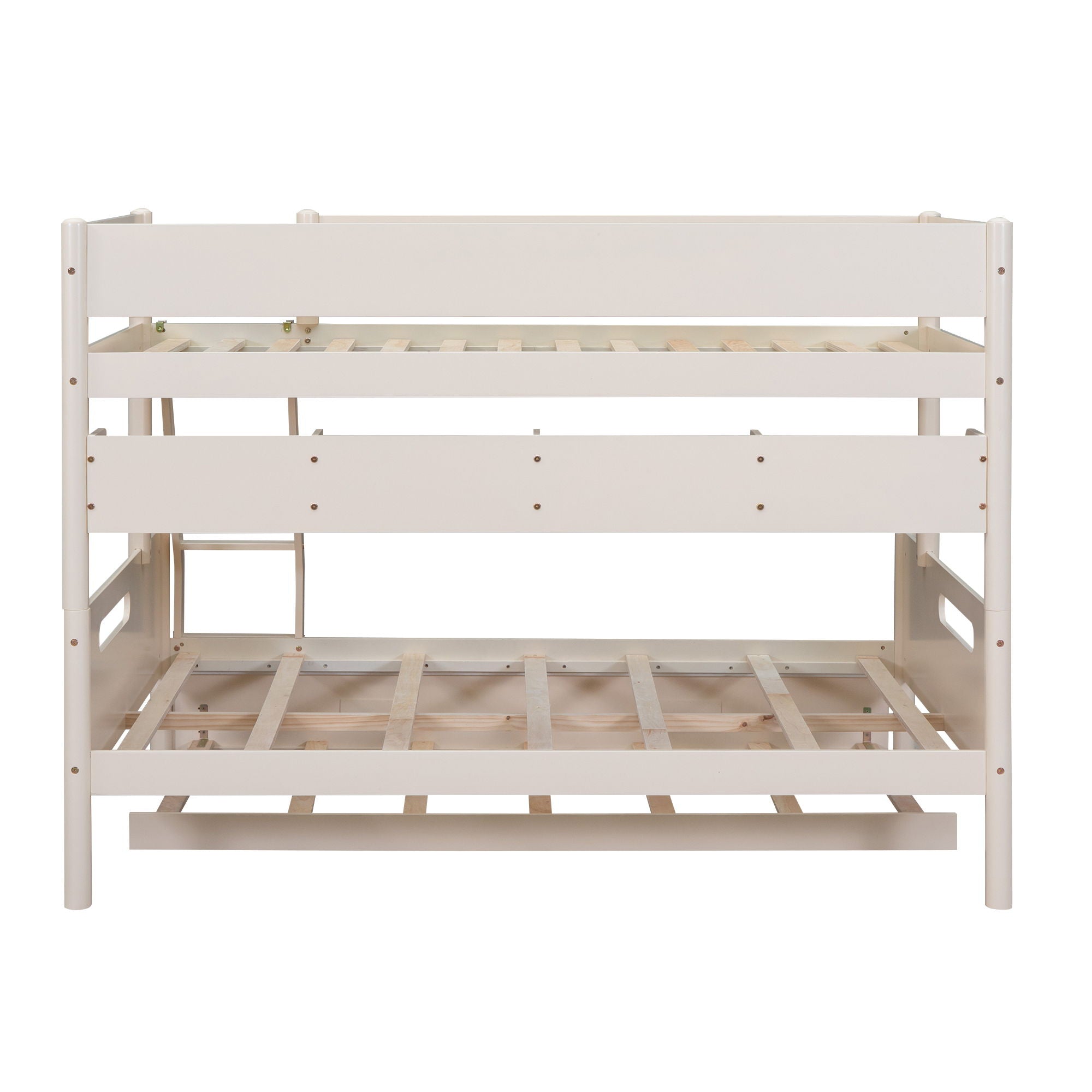 Wood Twin Over Full Bunk Bed With Storage Shelves And Twin Size Trundle - Cream