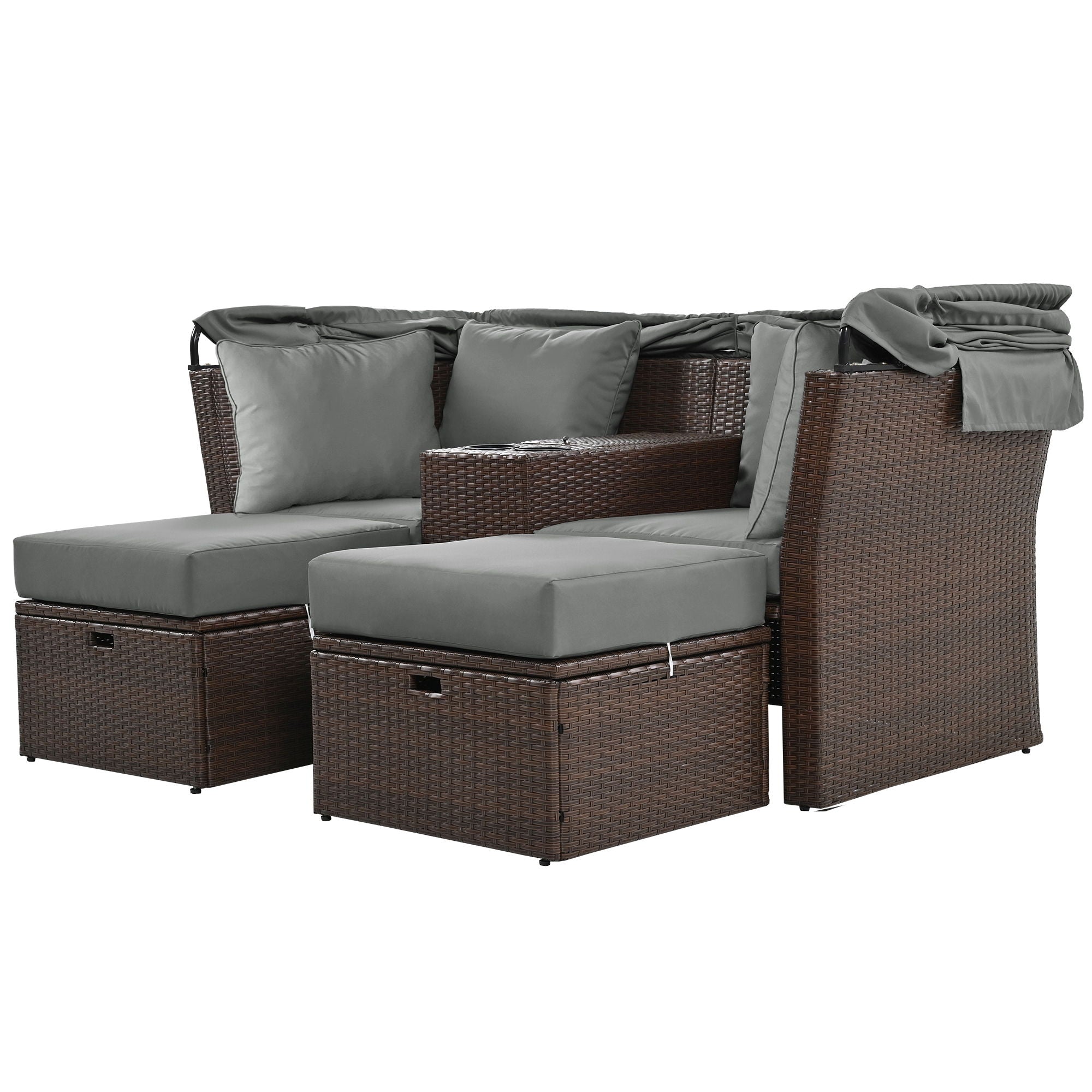 2 Seater Outdoor Patio Daybed Outdoor Double Daybed Outdoor Loveseat Sofa Set With Foldable Awning And Cushions For Garden, Balcony, Poolside