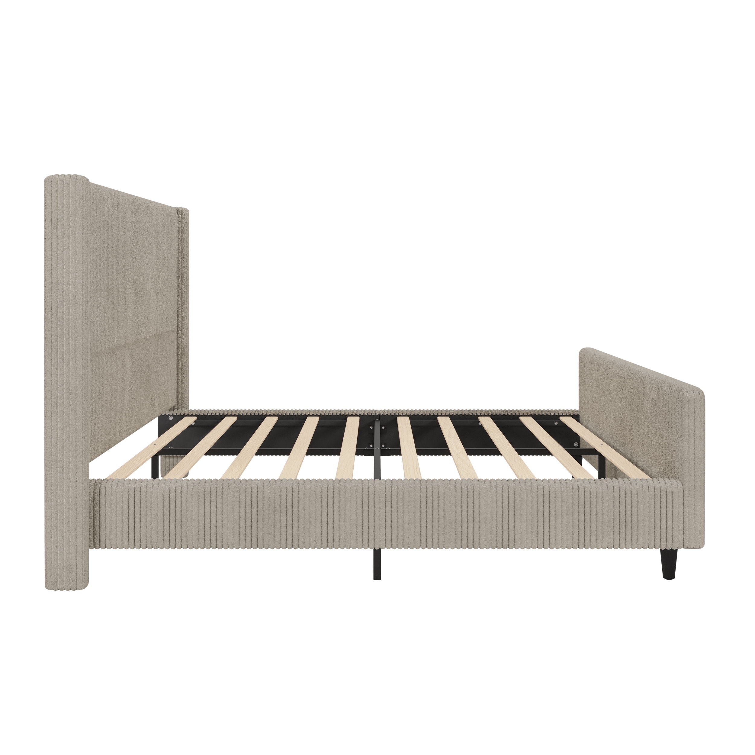 Corduroy Upholstered Bed Frame With Vertical Stripe Wingback And High Footboard No Box Spring Needed