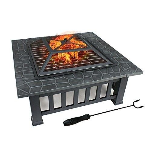 Square Charcoal Or Wood Burning Fire Pit With Cover - Gray