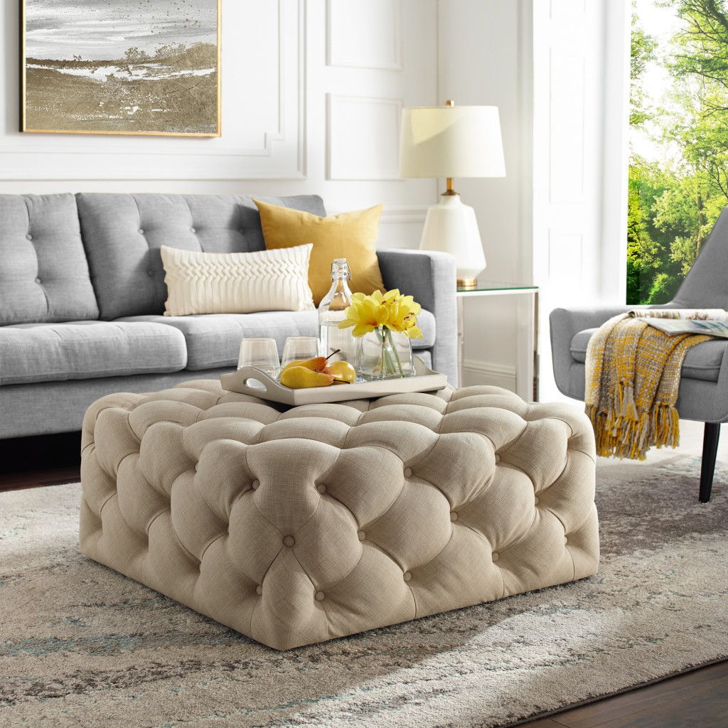 Linen Rolling Tufted Cocktail Ottoman - Beige