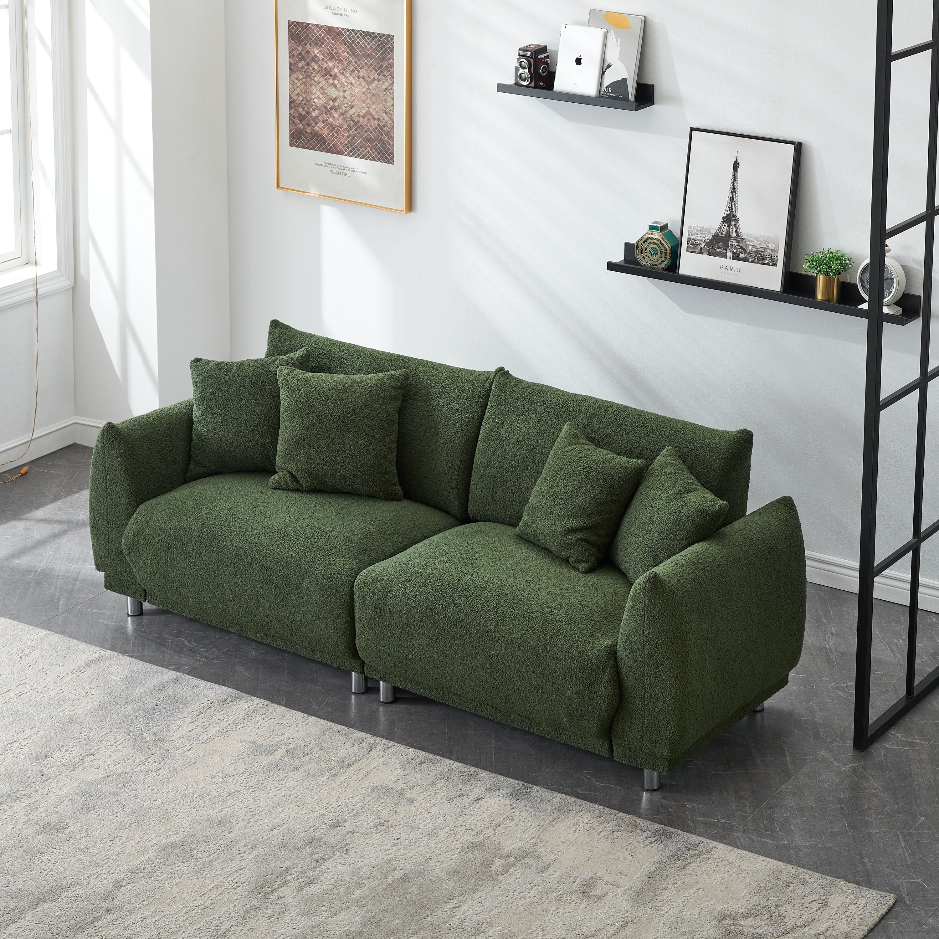 Teddy Wool Beige Sofa With Four Throw Pillows And Hardware Feet Can Sit Comfortably In An Apartment Bedroom Without Taking Up Space