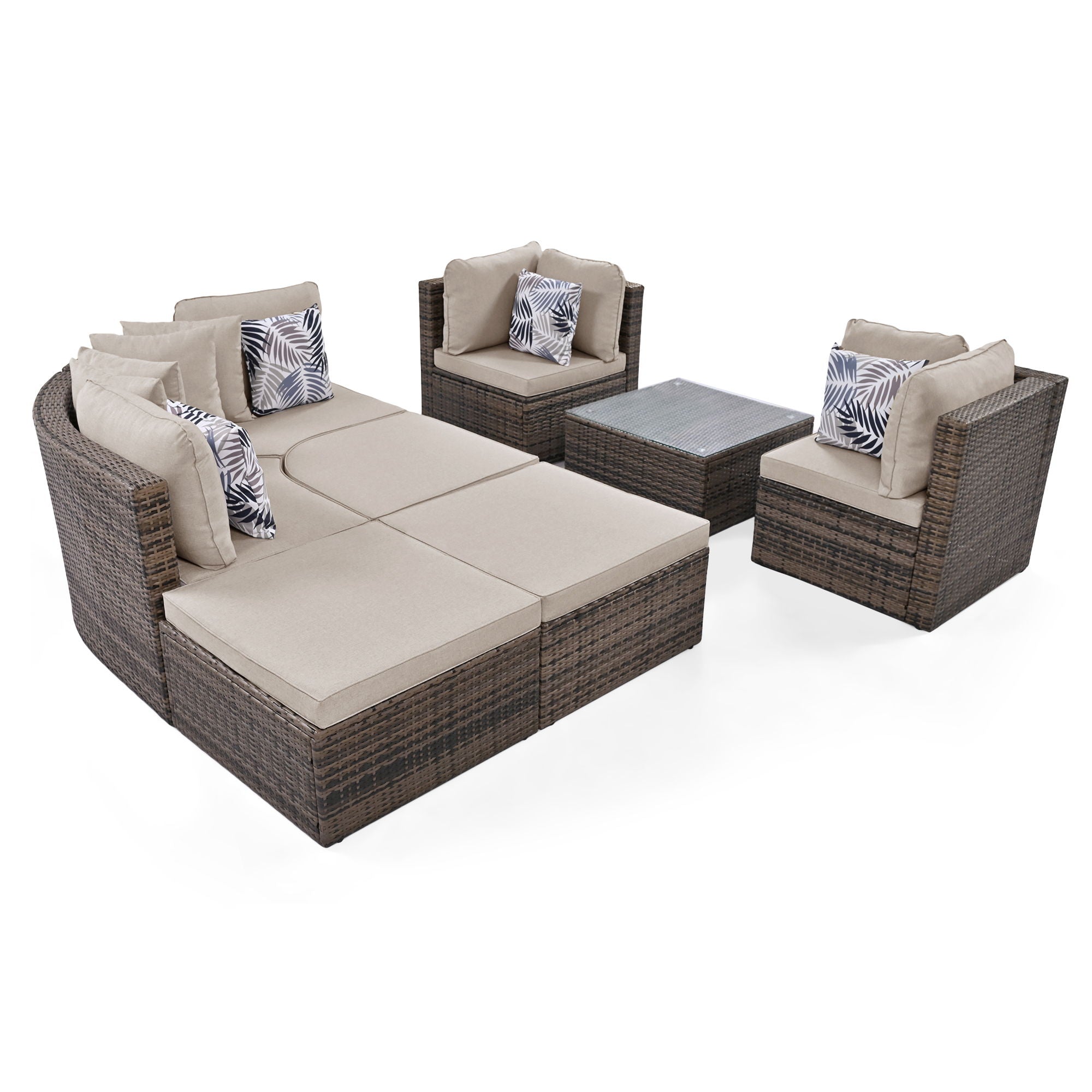 8 Piece Outdoor Wicker Sofa Set, Rattan Sofa Lounger, With Colorful Pillows, Conversation Sofa, For Patio, Garden, Deck - Brown / Beige