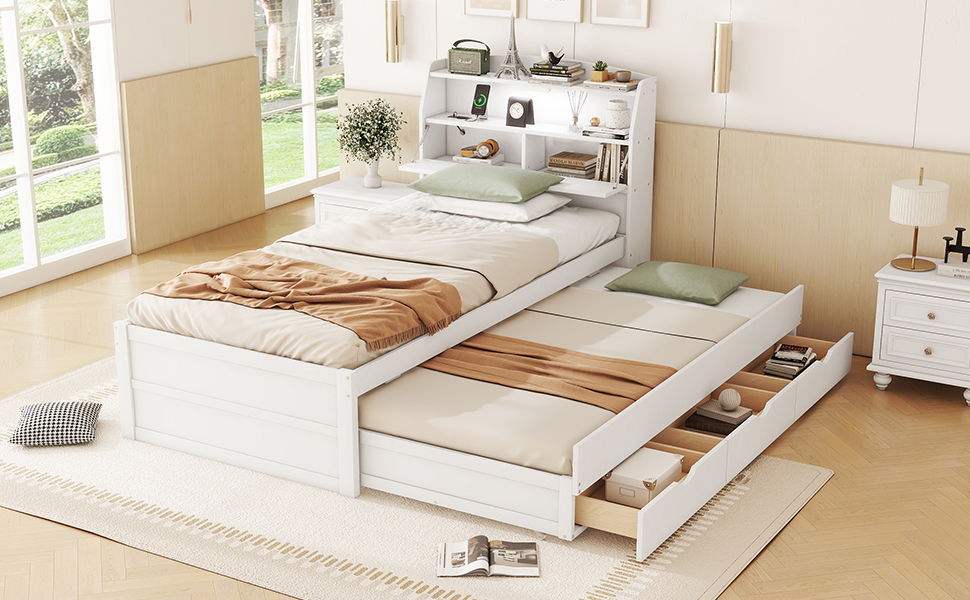 Wooden LED Platform Bed With Trundle, With Storage Headboard, With Drawers