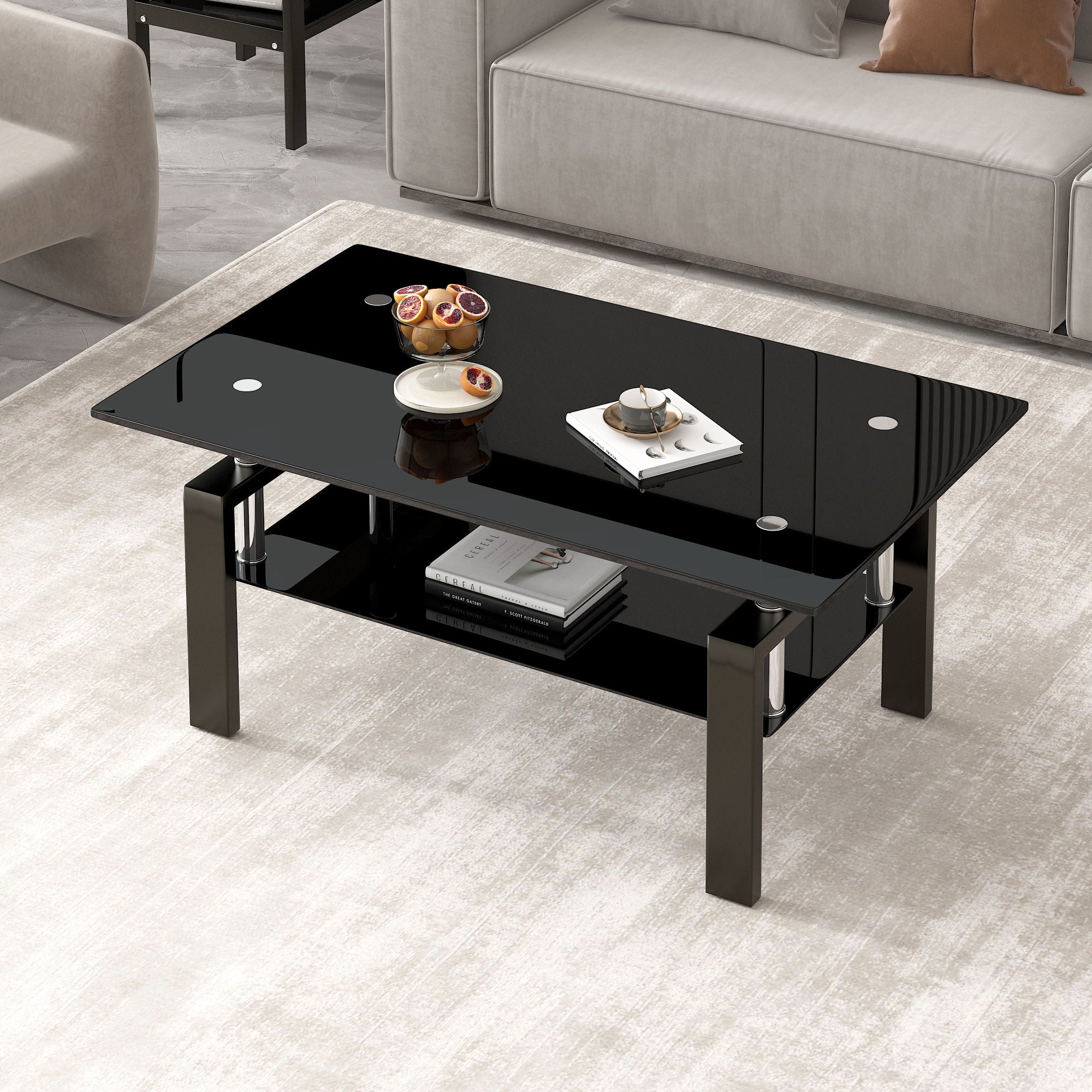 Tempered Glass Coffee Table, 2 Layer Storage Tea Table - Black