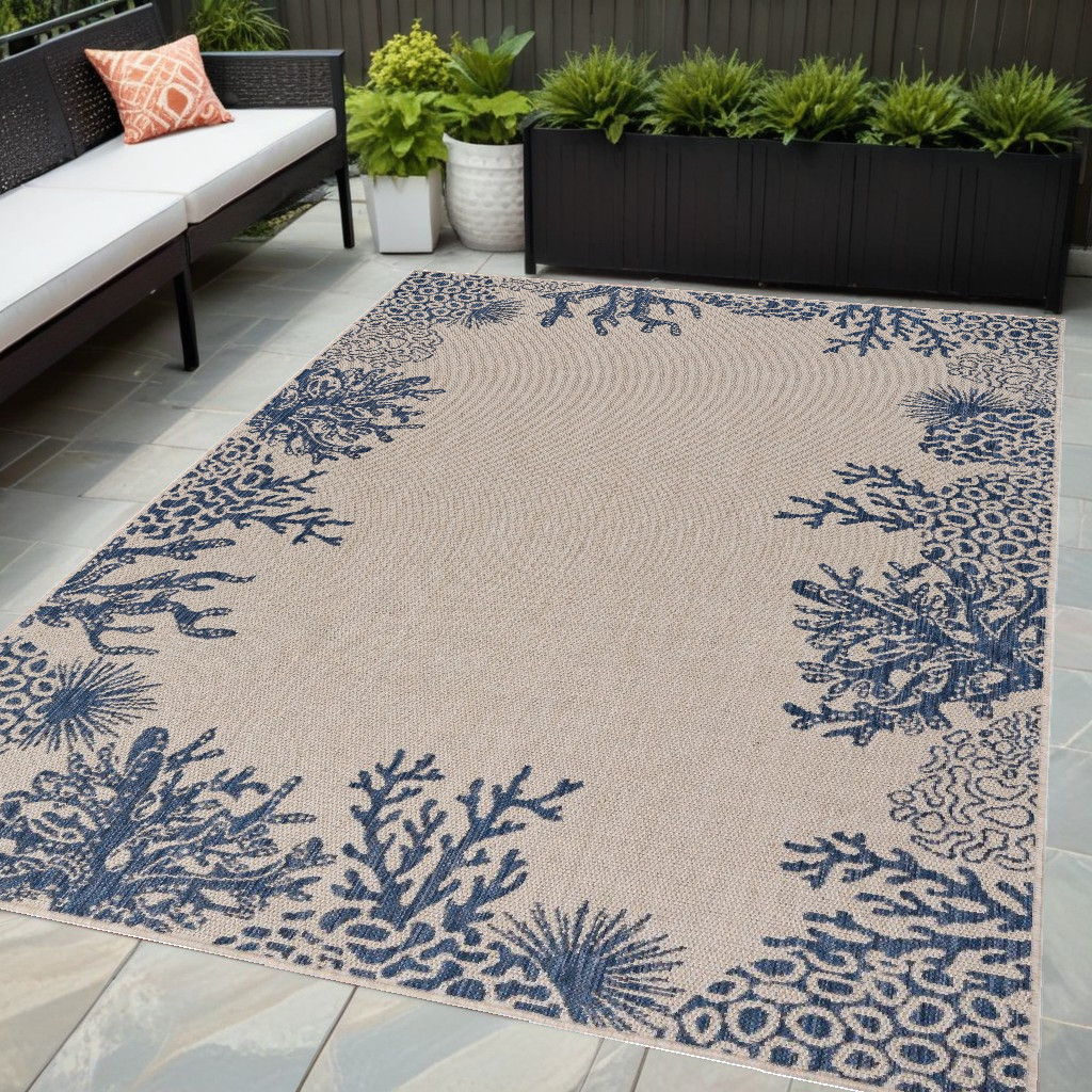 5' X 7' Coral Stain Resistant Indoor / Outdoor Area Rug - Beige / Blue