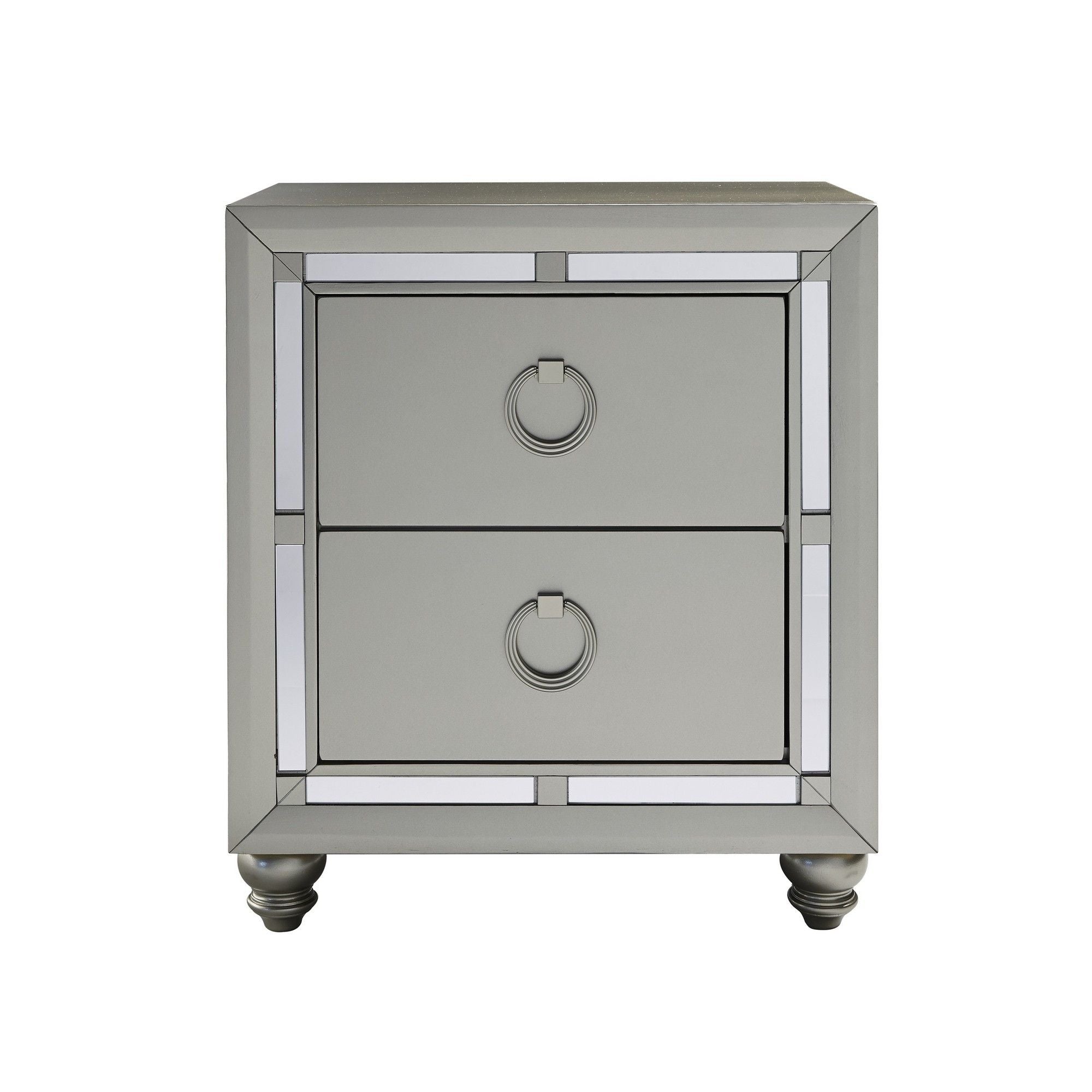 Champagne Tone Nightstand With 2 Drawer Mirror Trim Accent - Silver