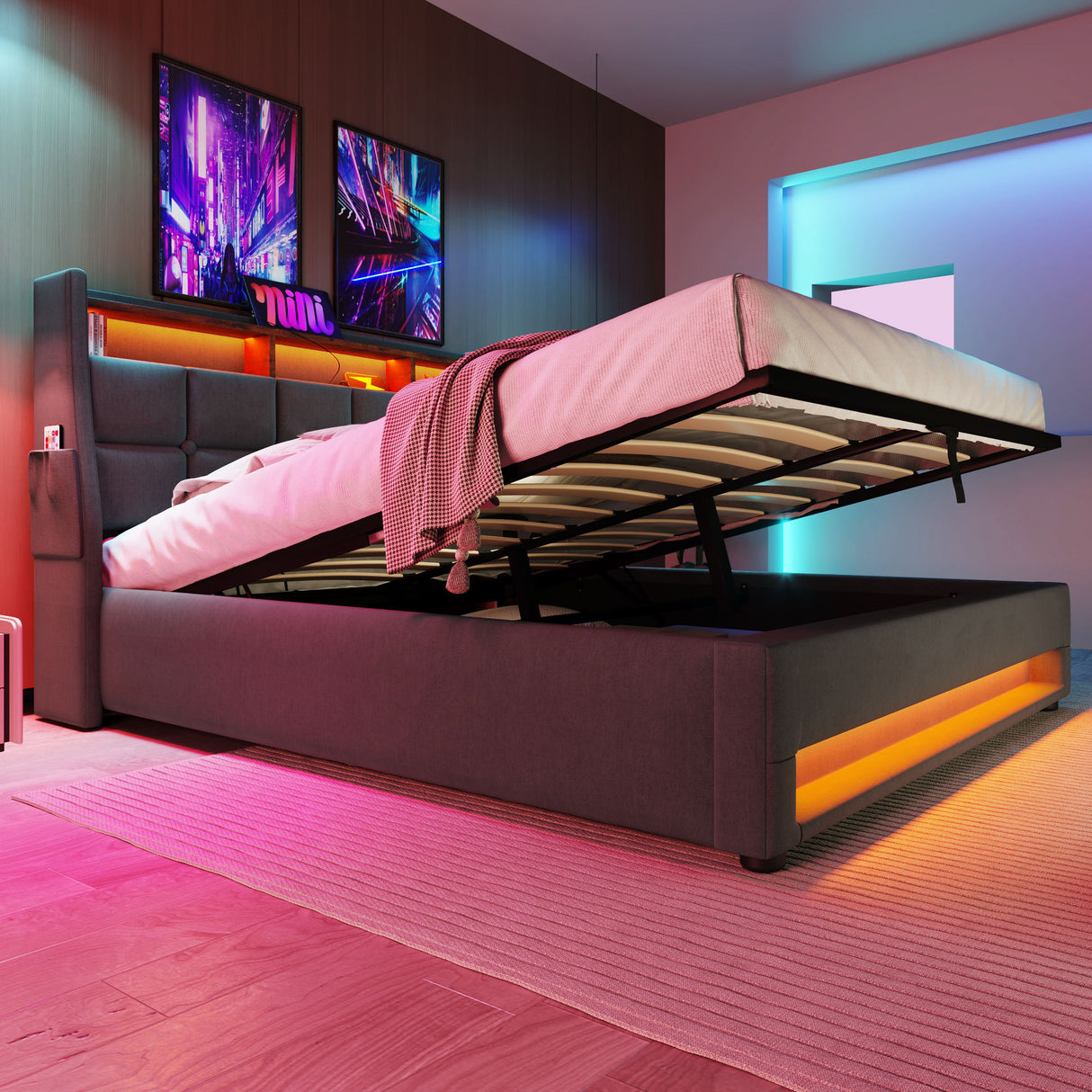 Upholstered Platform Bed With A Hydraulic Storage System, LED And USB Charging (Without Mattress)