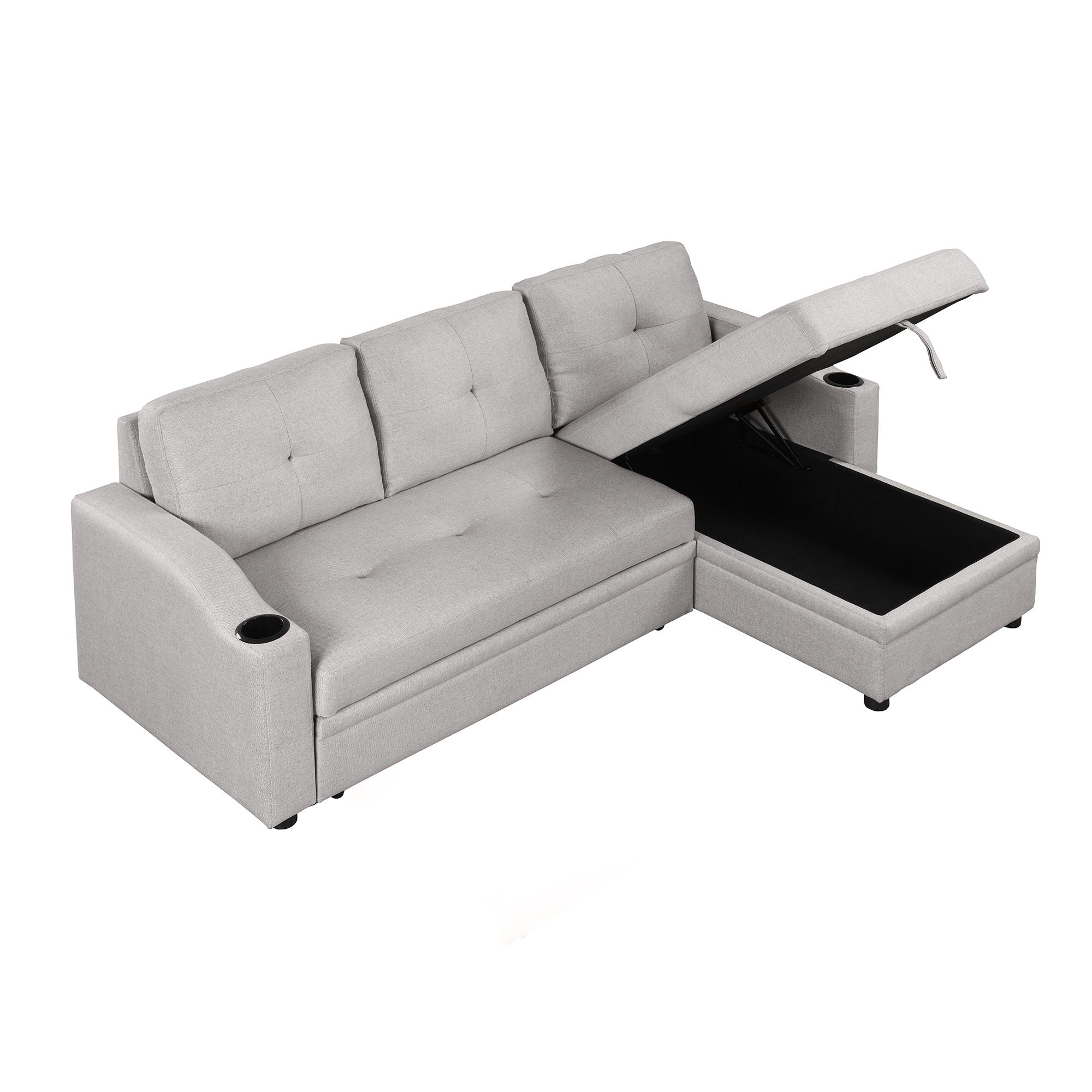 Pull Out Sofa Bed Modern Padded Upholstered Sofa Bed, Linen Fabric 3 Seater Couch With Storage Chaise And Cup Holder, Small Couch For Small Spaces