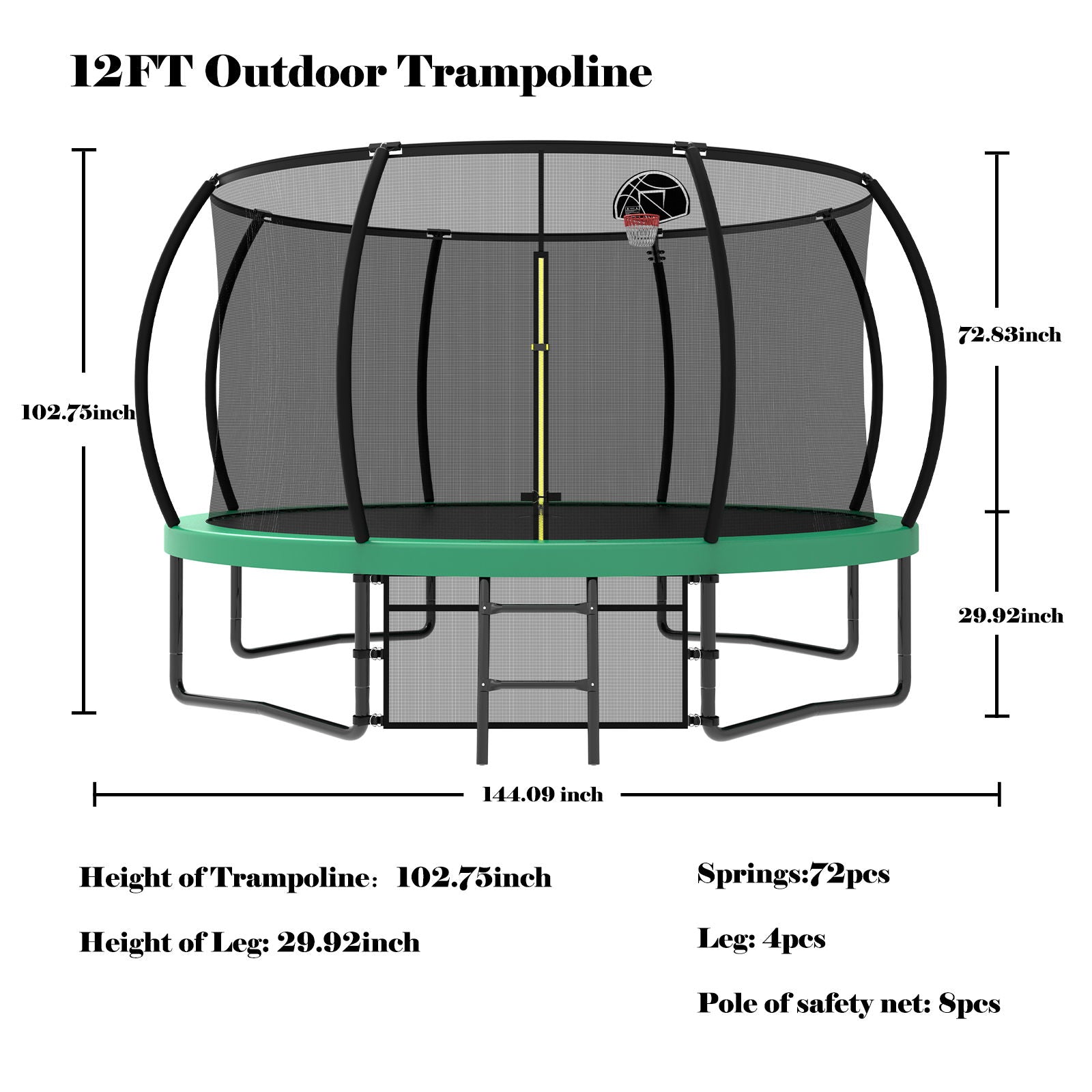 12' Recreational Kids Trampoline With Safety Enclosure Net & Ladder, Outdoor Recreational Trampolines