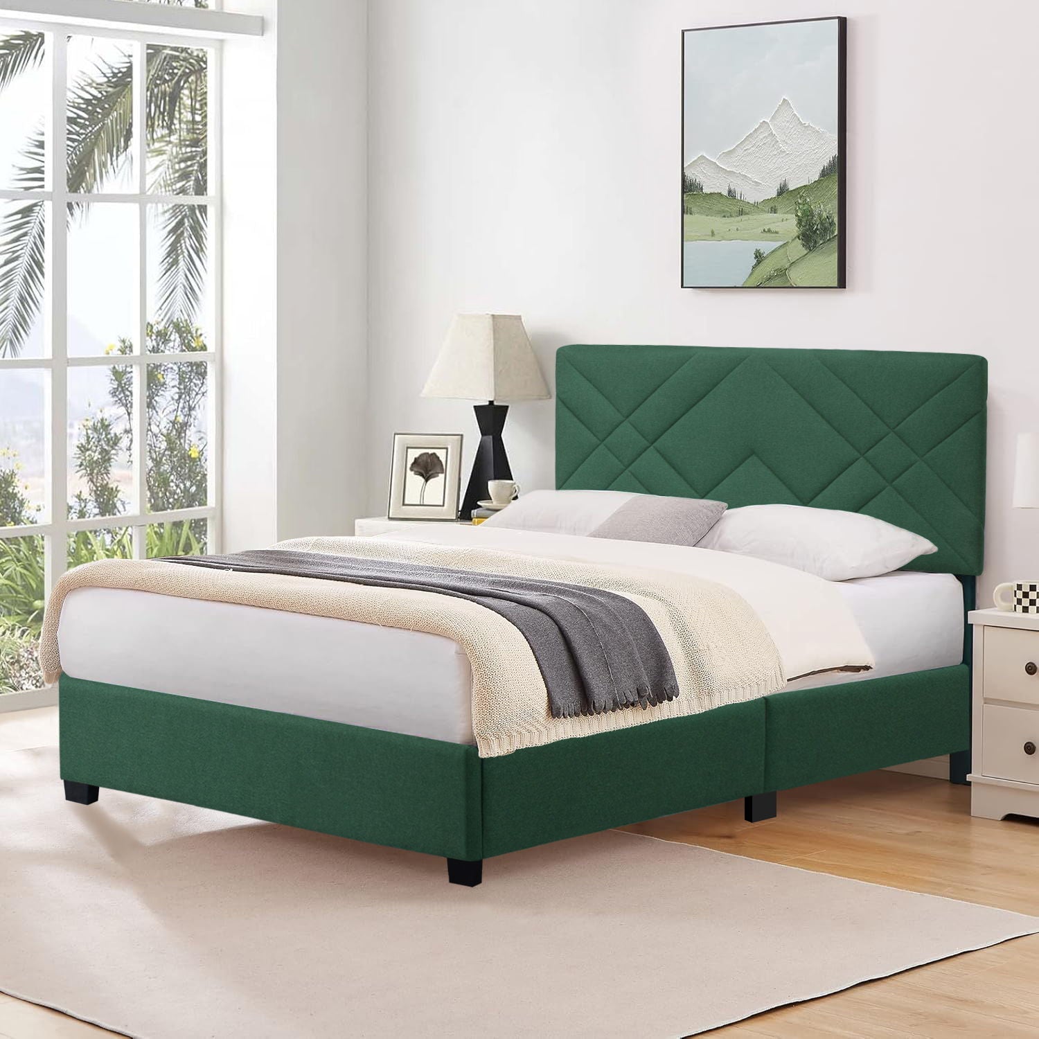 Queen Size Adjustable Upholstered Bed Frame Stain Resistant Cleans Up With A Light Wipe Simple Design Suitable For Any Room