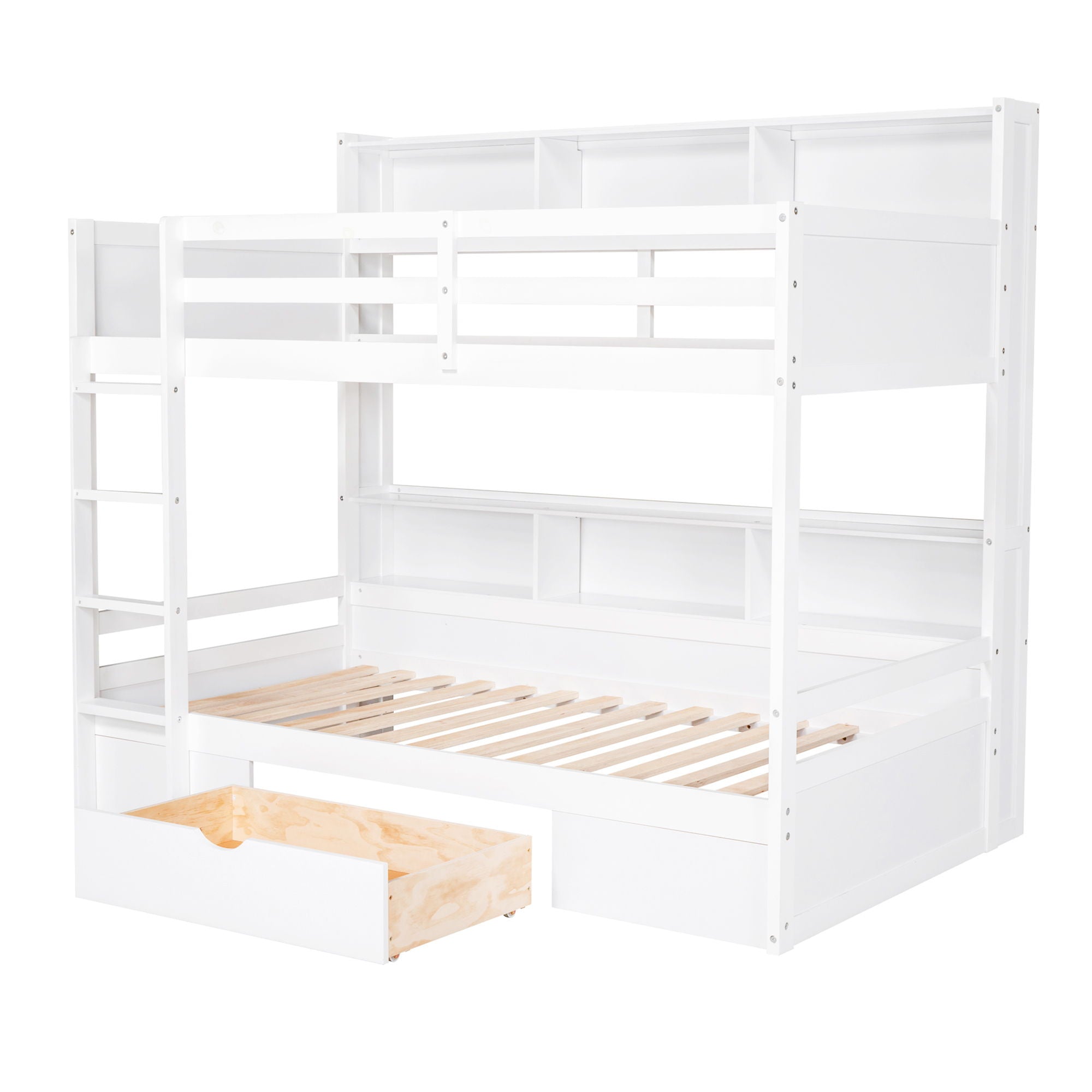 Twin Size Bunk Bed With Built-In Shelves Beside Both Upper And Down Bed And Storage Drawer