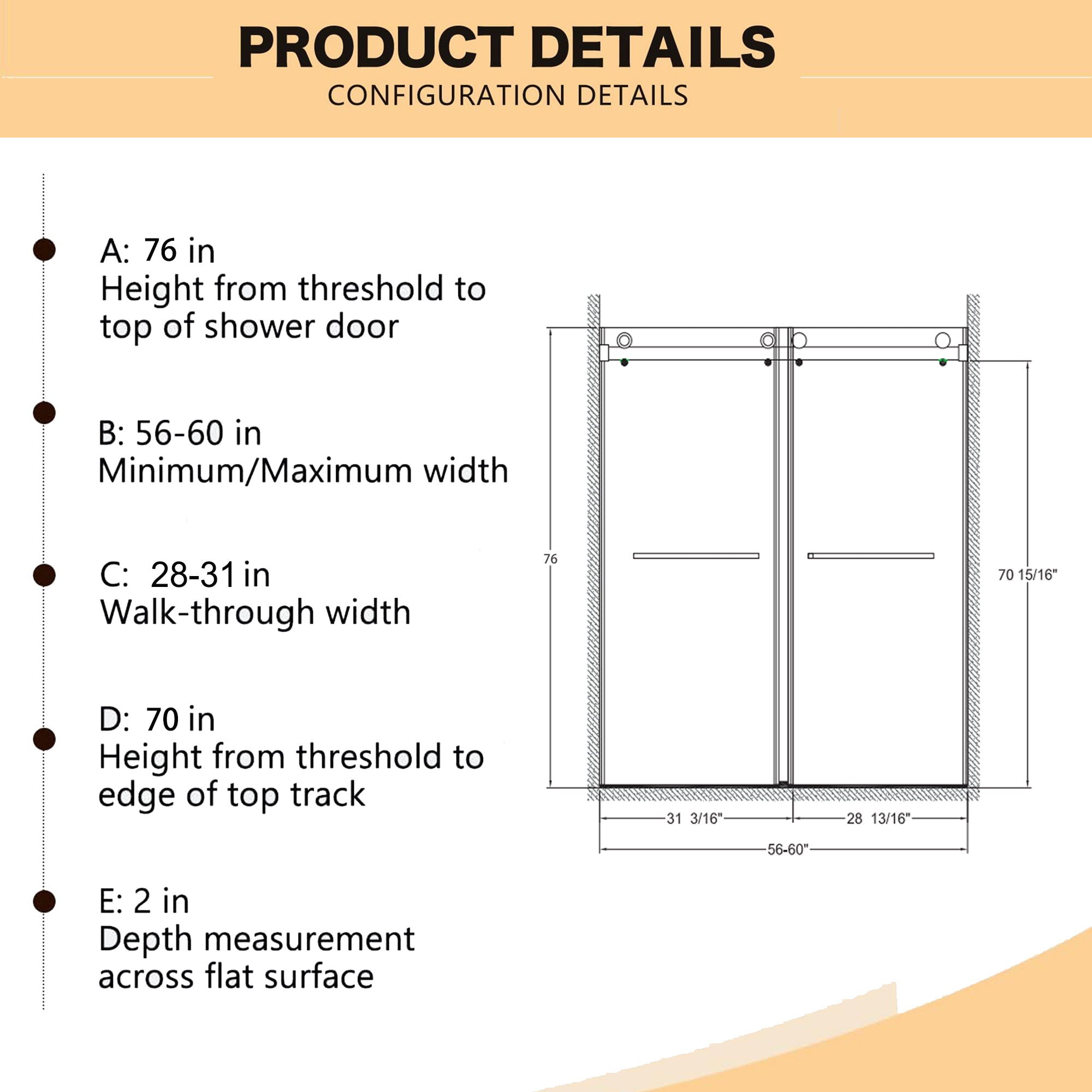 Frameless Shower Door, Double Sliding Shower Door, Clear Tempered Glass Shower Enclosure With Square Rail, Double Side Easy Clean Coat, Finished With Buffer