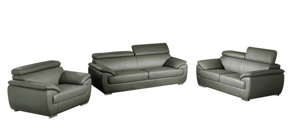 Three Piece Six Person Indoor Genuine Leather Seating Set - Gray