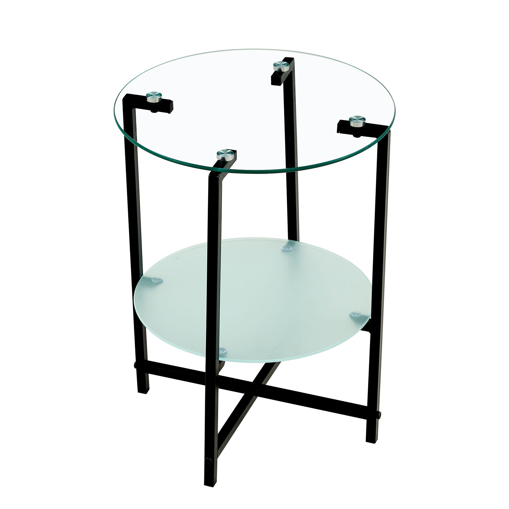 2-Layer Tempered Glass End Table, Round Coffee Table For Living Room - White / Black