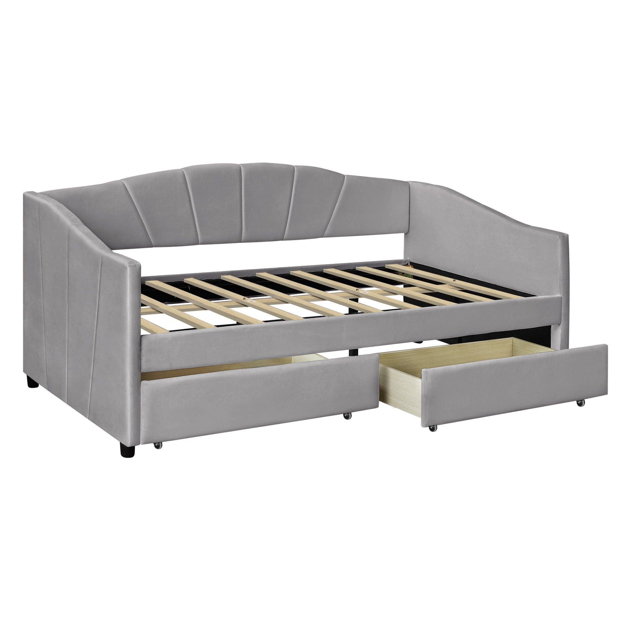 Upholstered Daybed With Two Drawers And Wood Slat