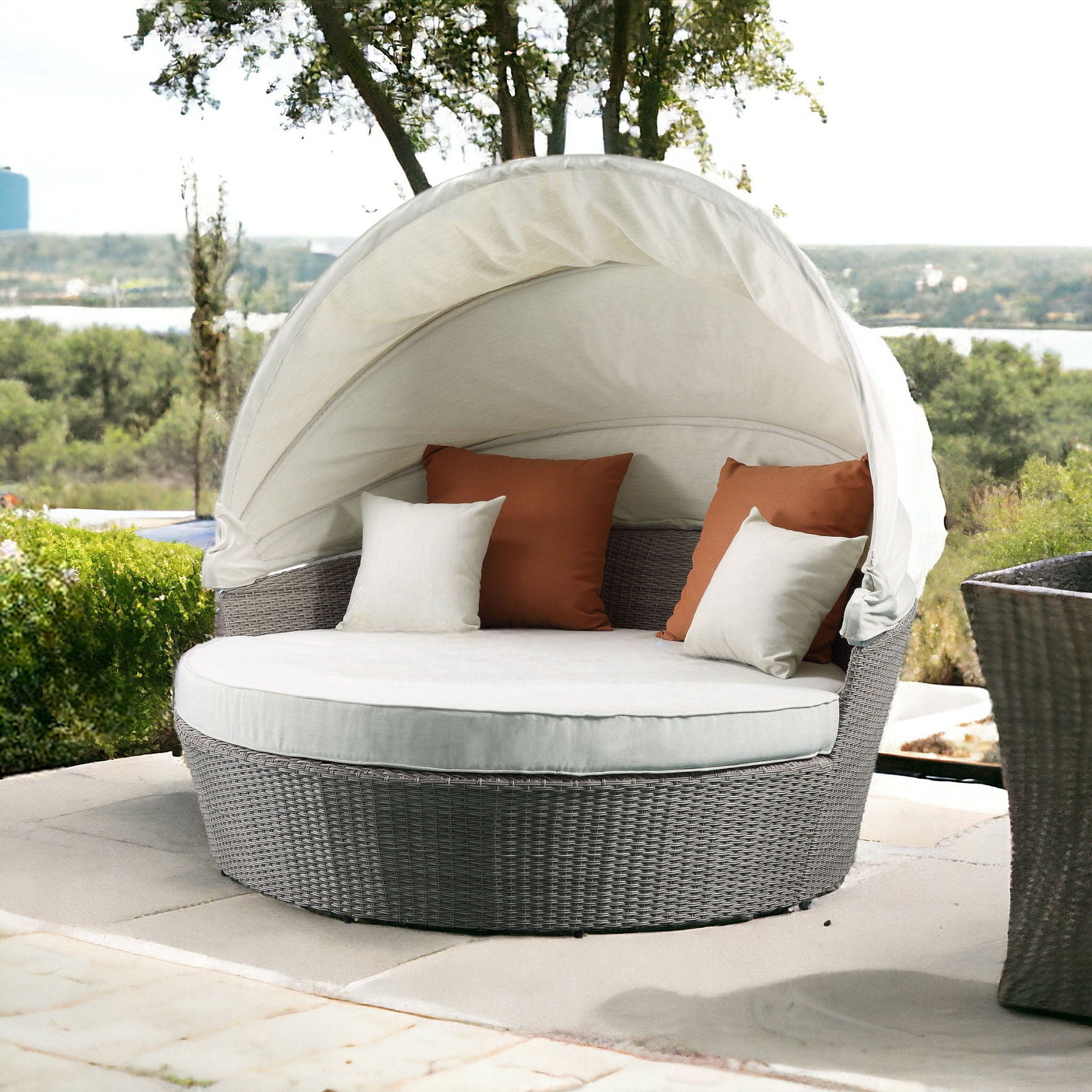 Set Of Two Fabric Wicker Patio Canopy Daybed - Beige / Gray