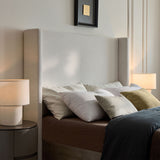 Shelton - Queen Upholstered Wingback Bed With 54" High Headboard - Ivory / Light Gray / Camel Oak