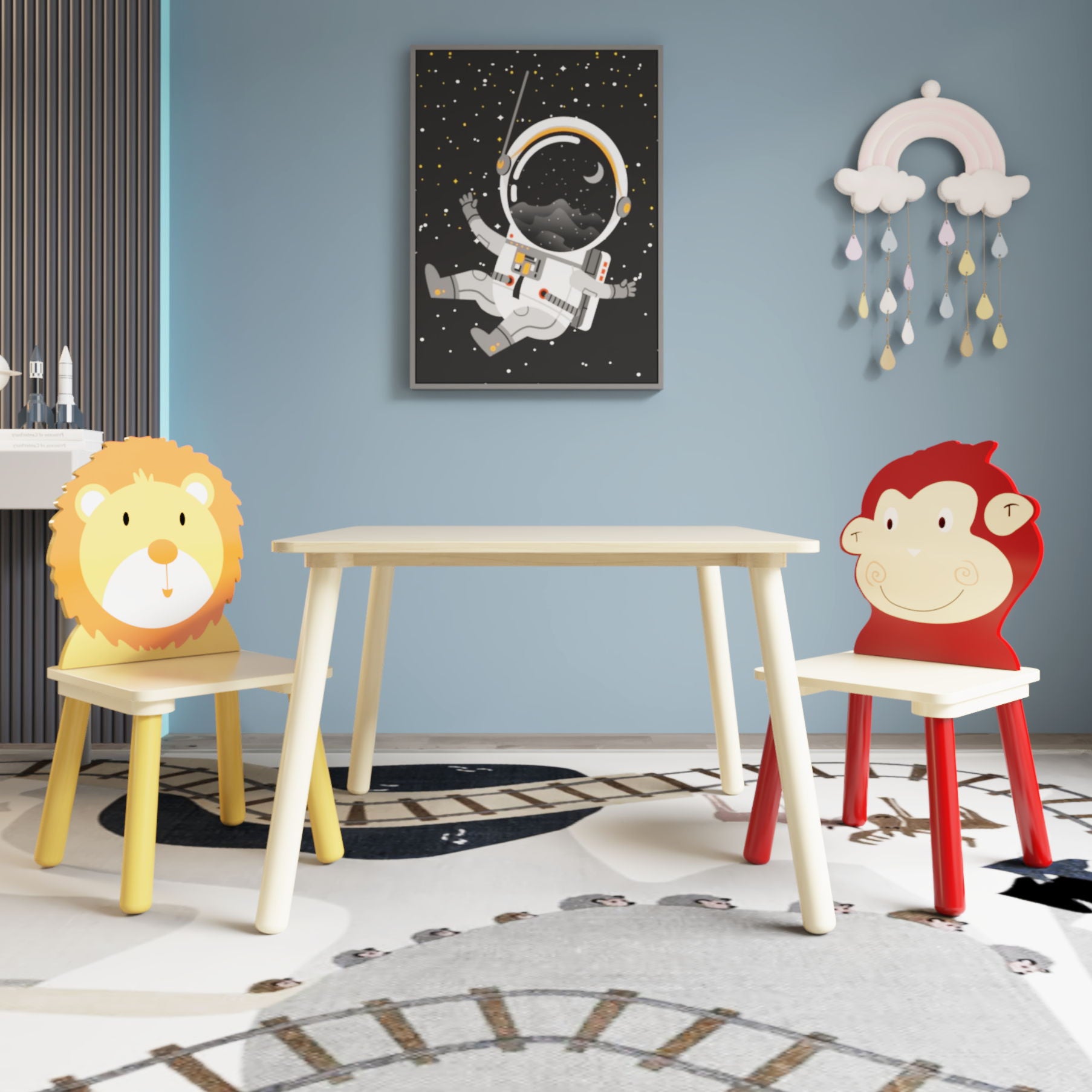 Kids Table And 2 Chairs Set, 3 Pieces Toddler Table And Chair Set, Wooden Activity Play Table Set (Lion&Monkey) - Natural