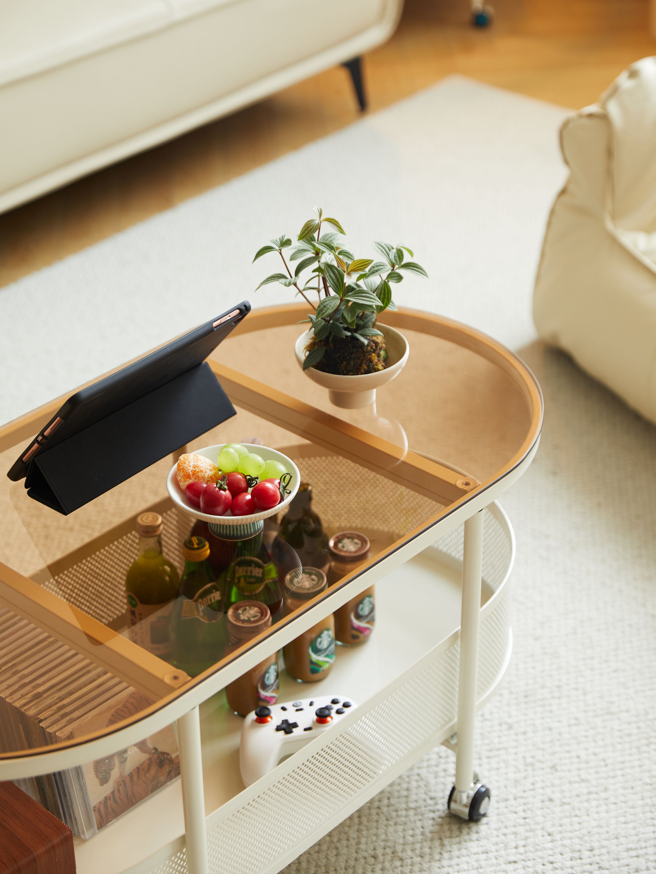 Movable Oval Metal Glass Coffee Table With Storage - White