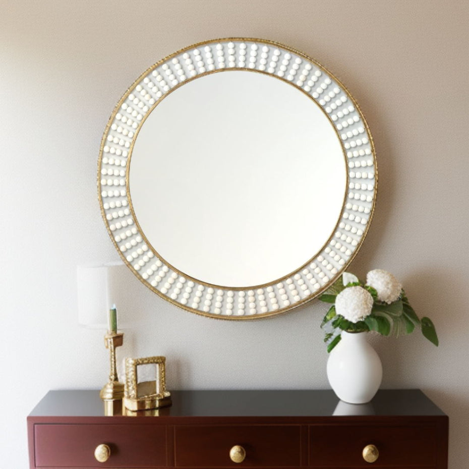 42" Round Metal Frame Wall Mirror With White Wood Beads - Gold / White