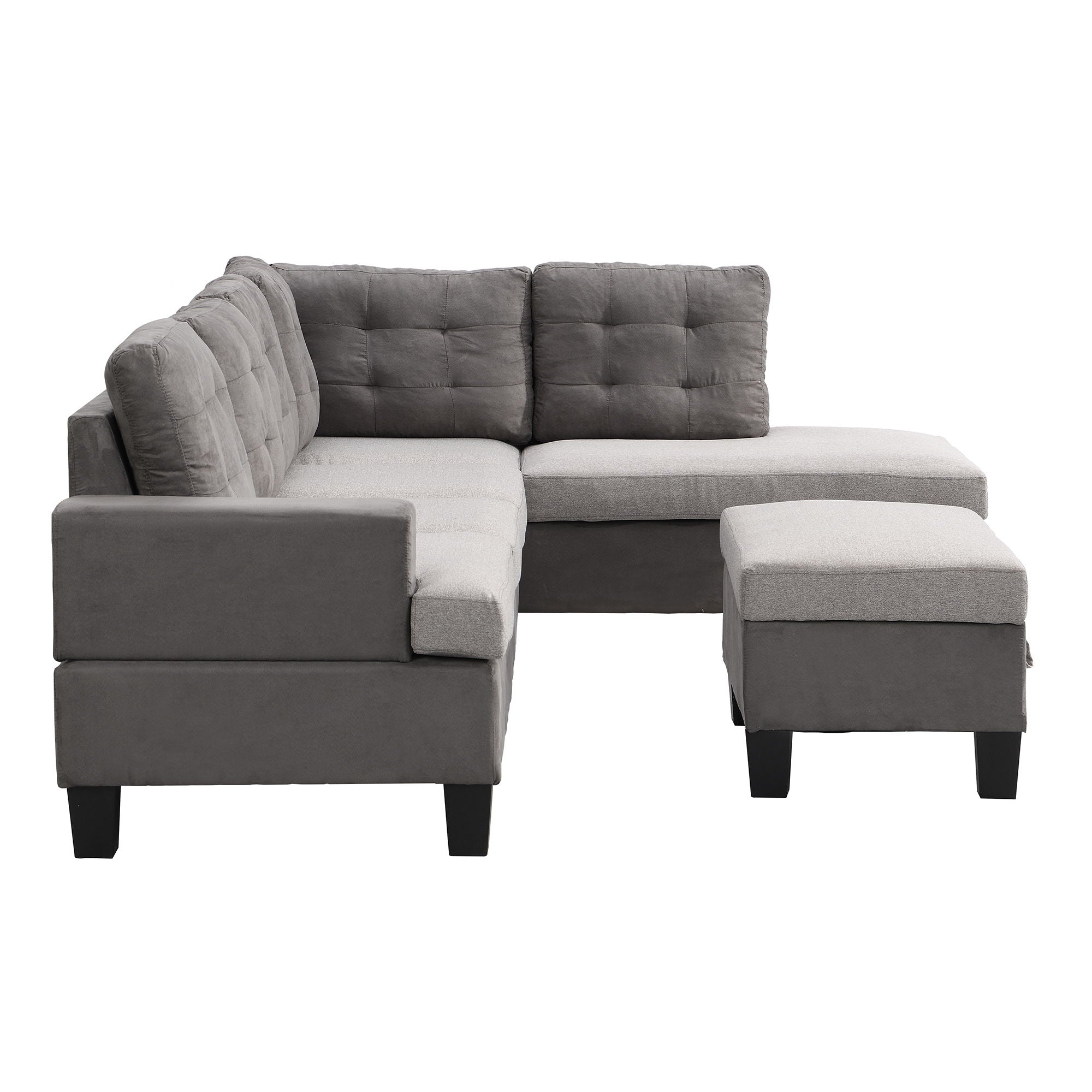 Sofa Set For Living Room With Chaise Lounge And Storage Ottoman, Living Room Furniture - Gray