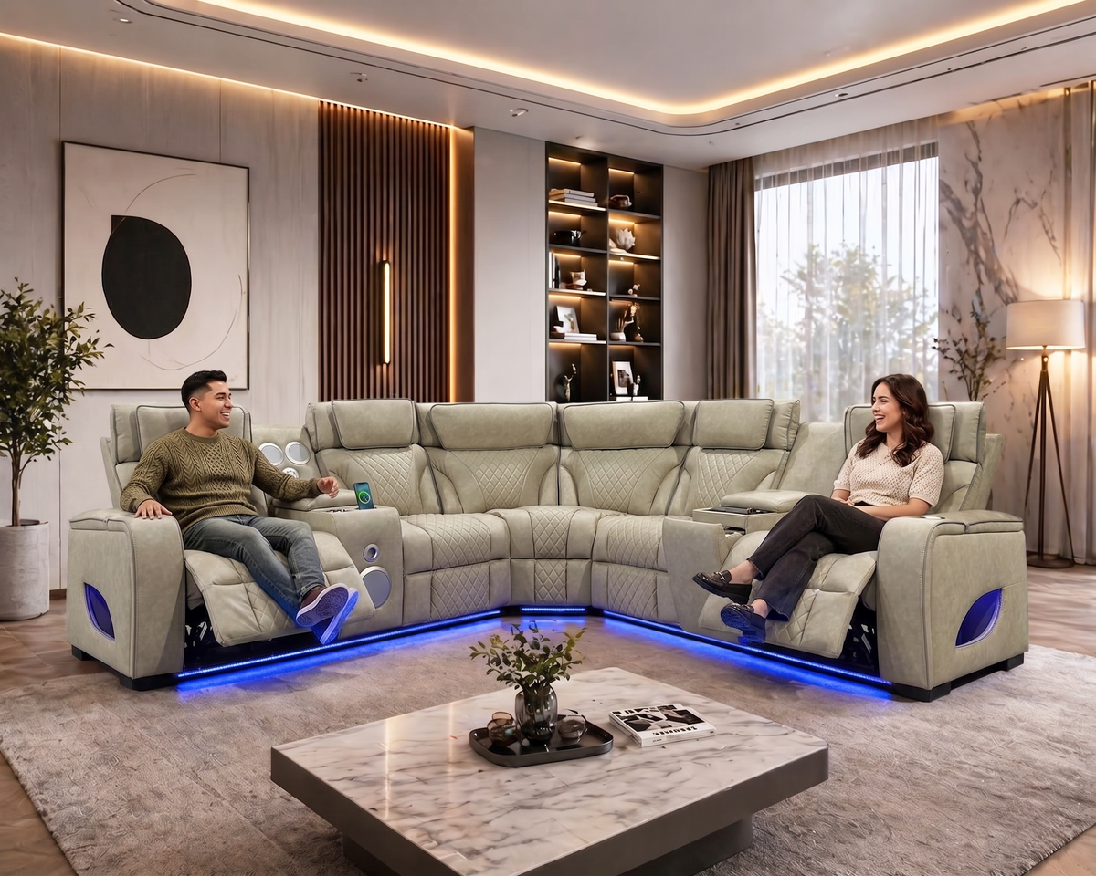 3-Piece Beige Power Reclining Sectional with Power Headrest, LED, Speakers & Wireless Charging