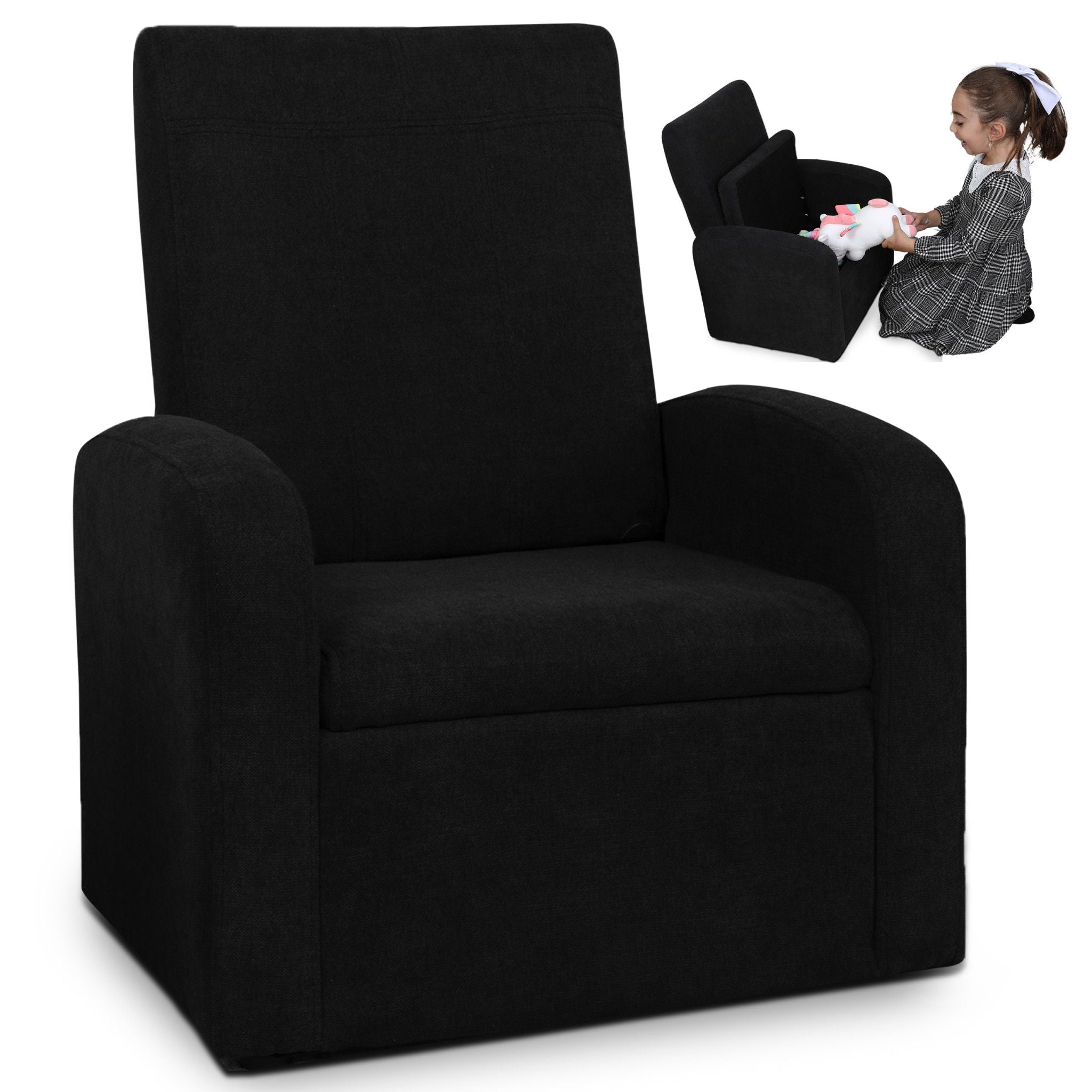 Kids Comfy Upholstered Recliner Chair With Storage - Black