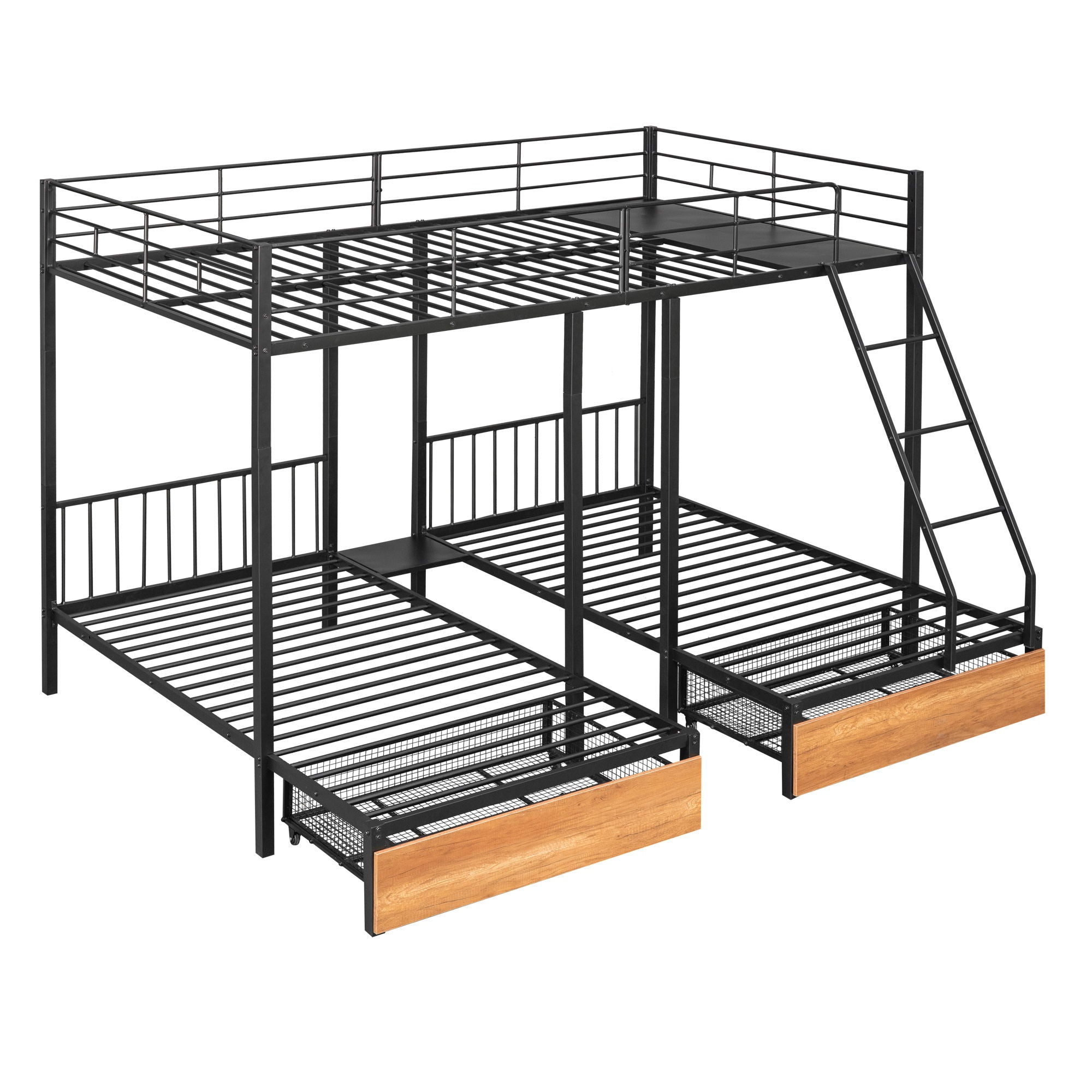 Bunk Bed, Metal Triple Bunk Bed With Drawers And Guardrails