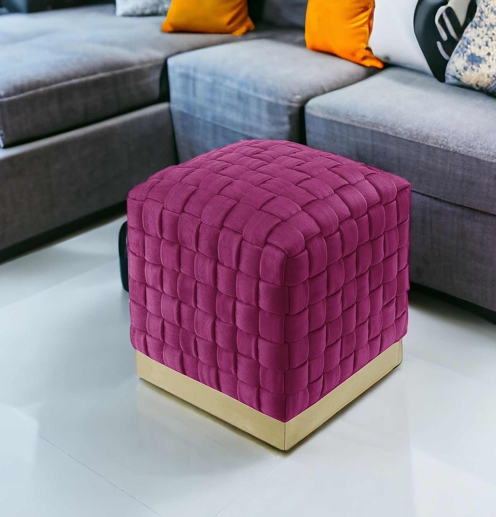 Velvet Ottoman - Fuchsia / Gold