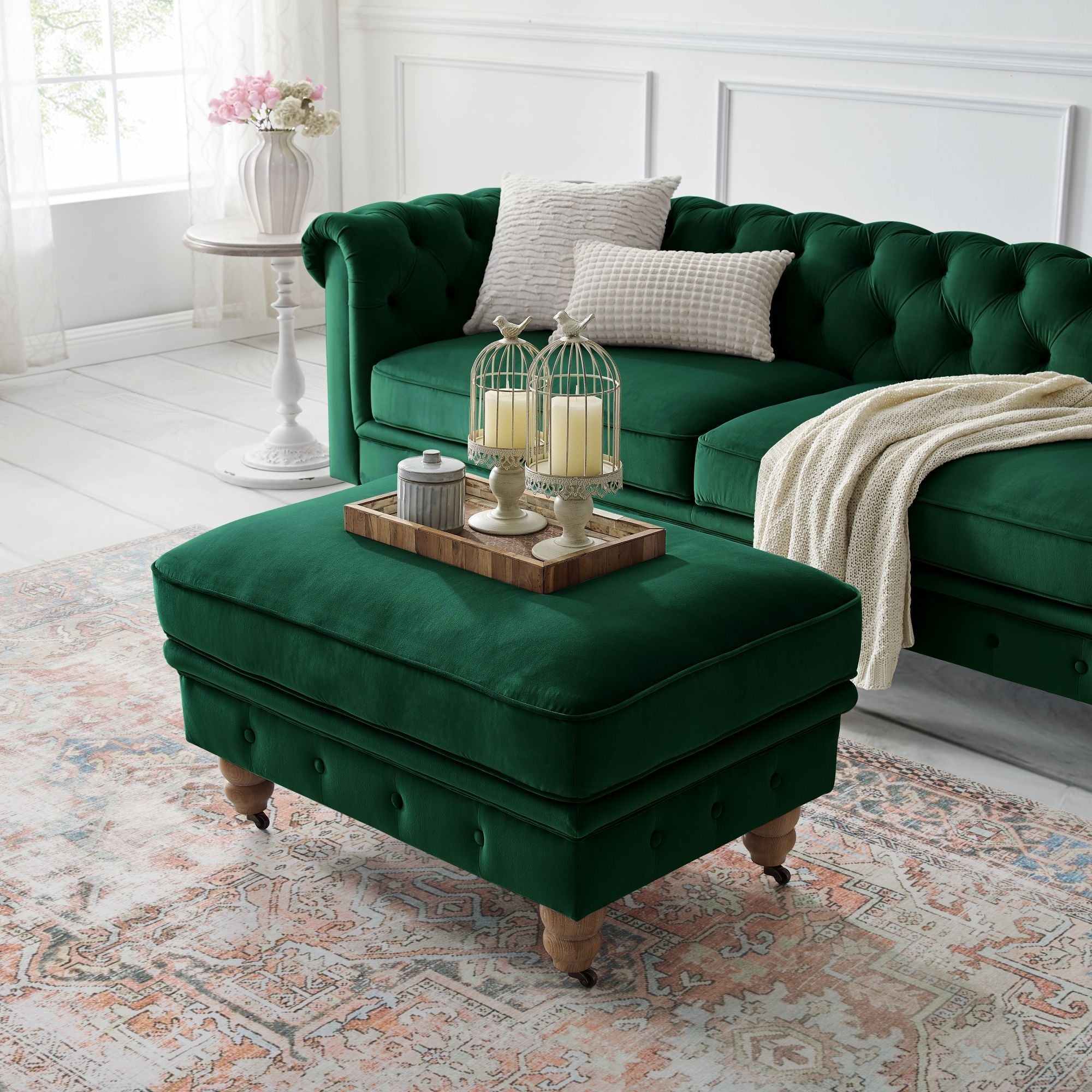 Velvet Rolling Tufted Cocktail Ottoman - Hunter Green / Natural