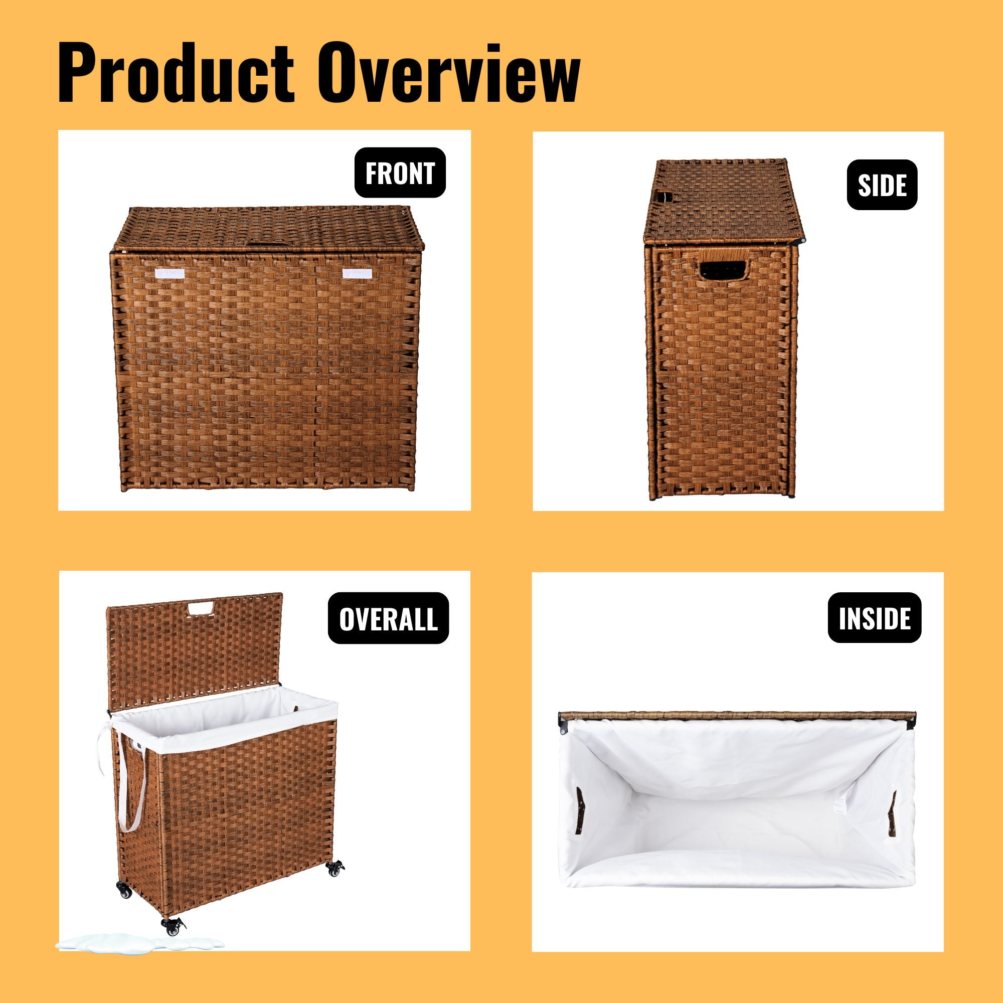 Laundry Hamper With Lid PE Rattan Powder Coating Frame Clothes Hampers With 2 Removable Bags