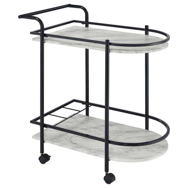 Desiree - 2-Tier Faux Marble Shelf Metal Bar Cart White by CoasterEveryday | Bel Furniture