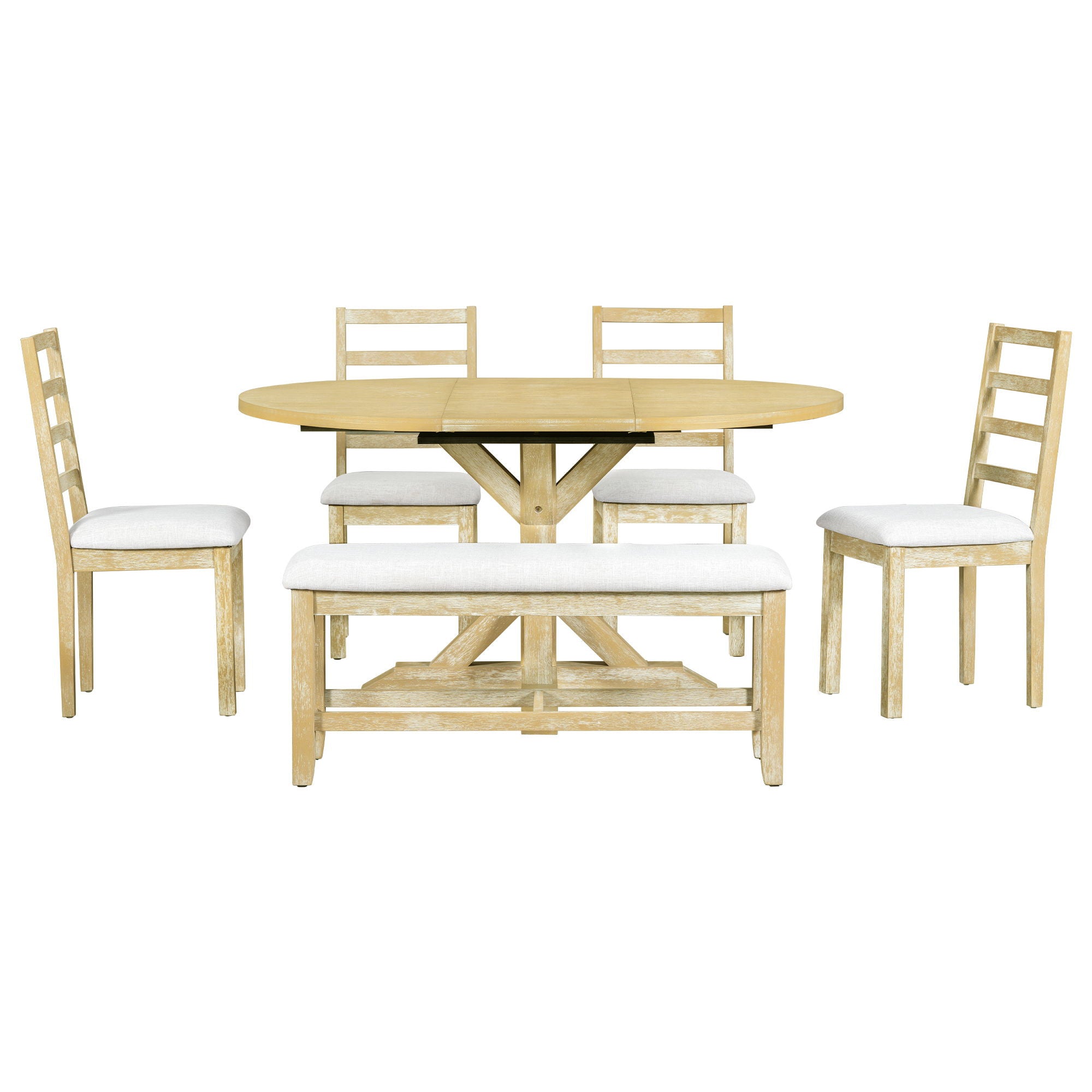 Topmax - 6 Piece Farmhouse Extendable Pedestal Dining Table Set With 18Inch Removable Leaf, Bench And 4 Ladder Back Dining Chairs