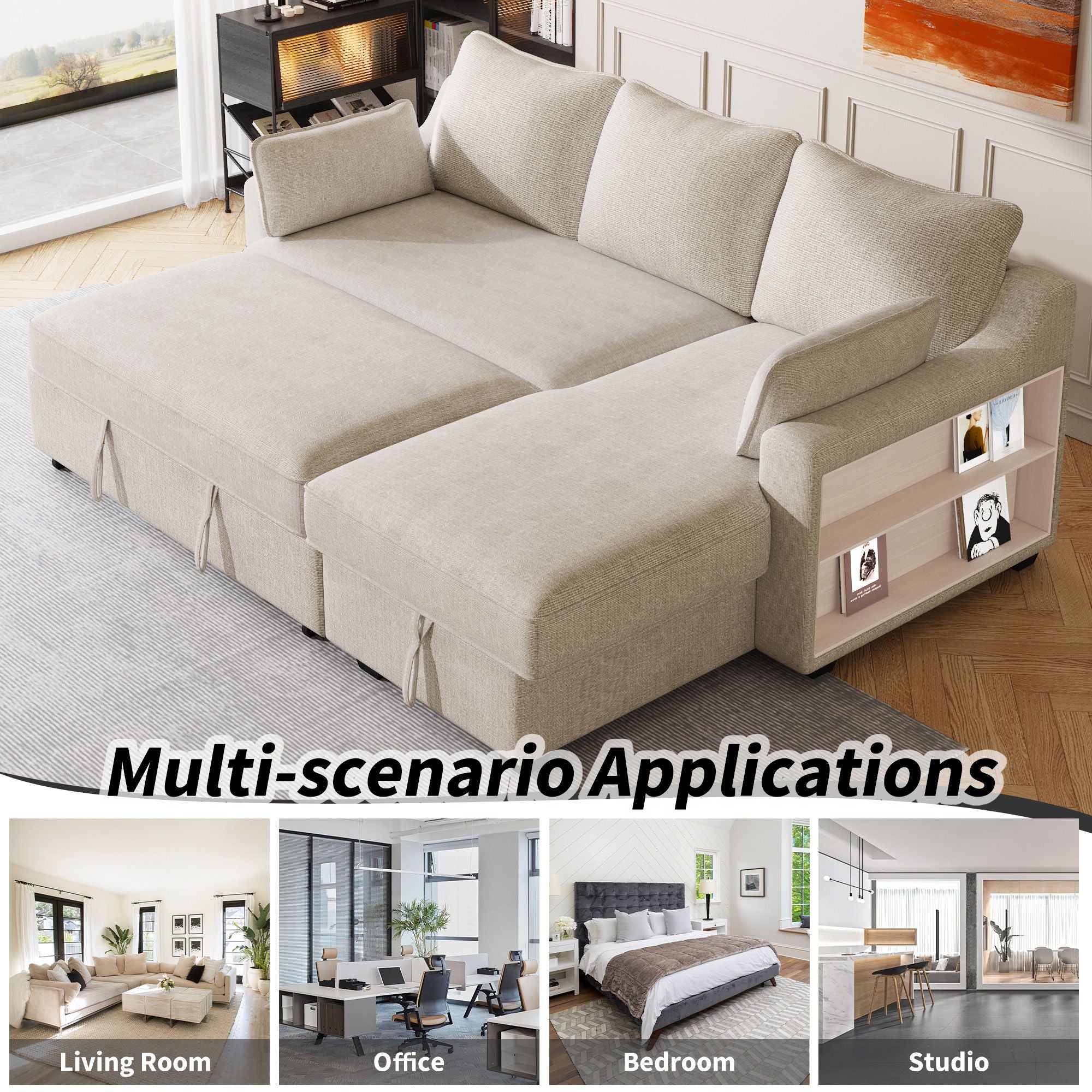 Pull Out Sleeper Sofa L-Shaped Couch Convertible Sofa Bed With Storage Chaise, Storage Racks And USB Ports