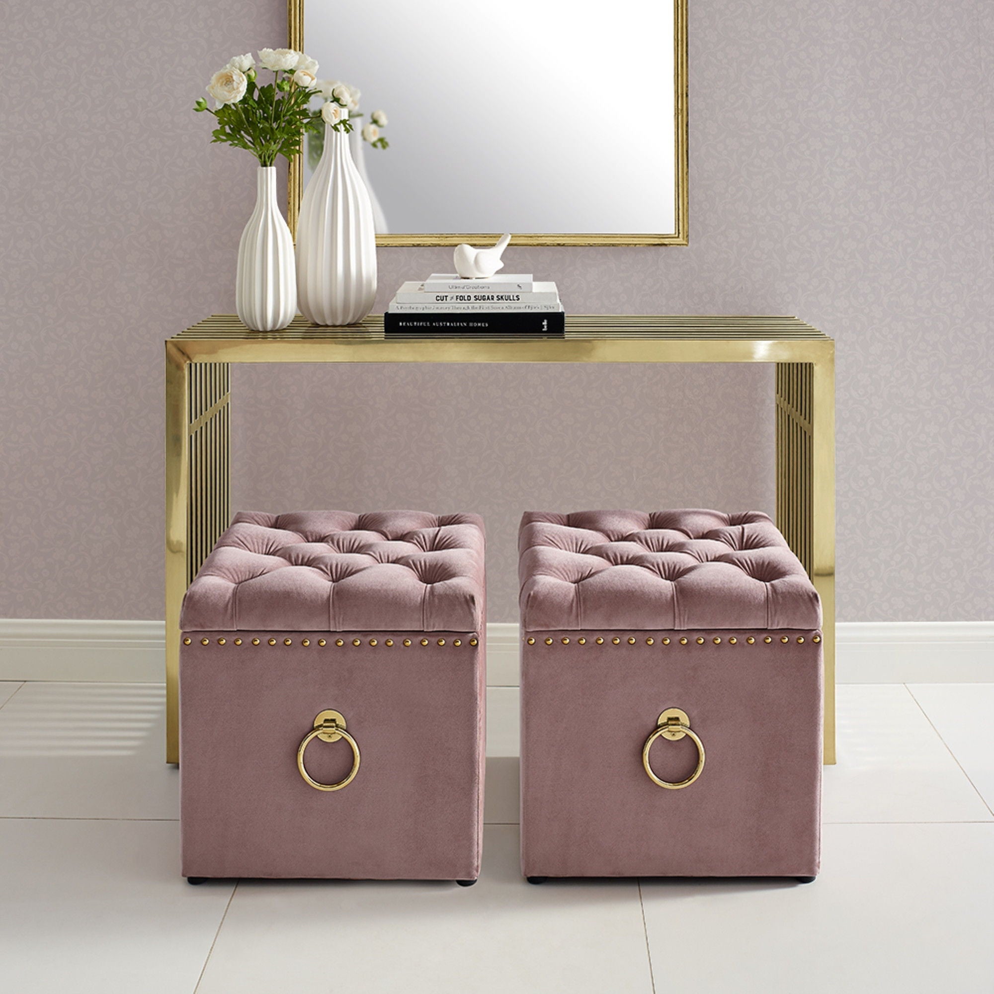 Velvet Tufted Storage - Blush / Black