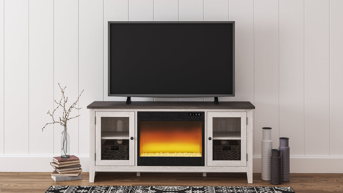 Dorrinson - TV Stand With Fireplace Insert White 2 Pc. - 60" TV Stand with Fireplace Insert Glass Stone by Signature Design by Ashley® | Bel Furniture