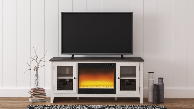 Dorrinson - TV Stand With Fireplace Insert White 2 Pc. - 60" TV Stand with Fireplace Insert Glass Stone by Signature Design by Ashley® | Bel Furniture