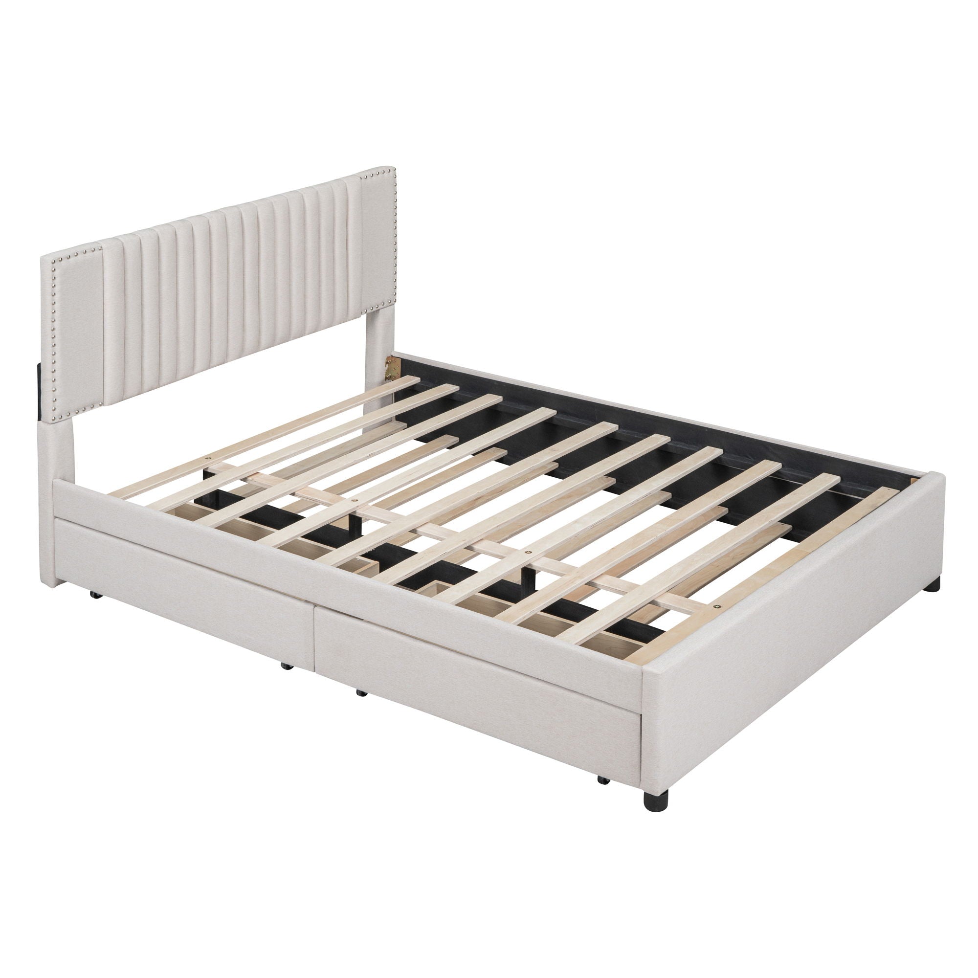 Upholstered Platform Bed With 2 Drawers And 1 Trundle, Classic Headboard Design