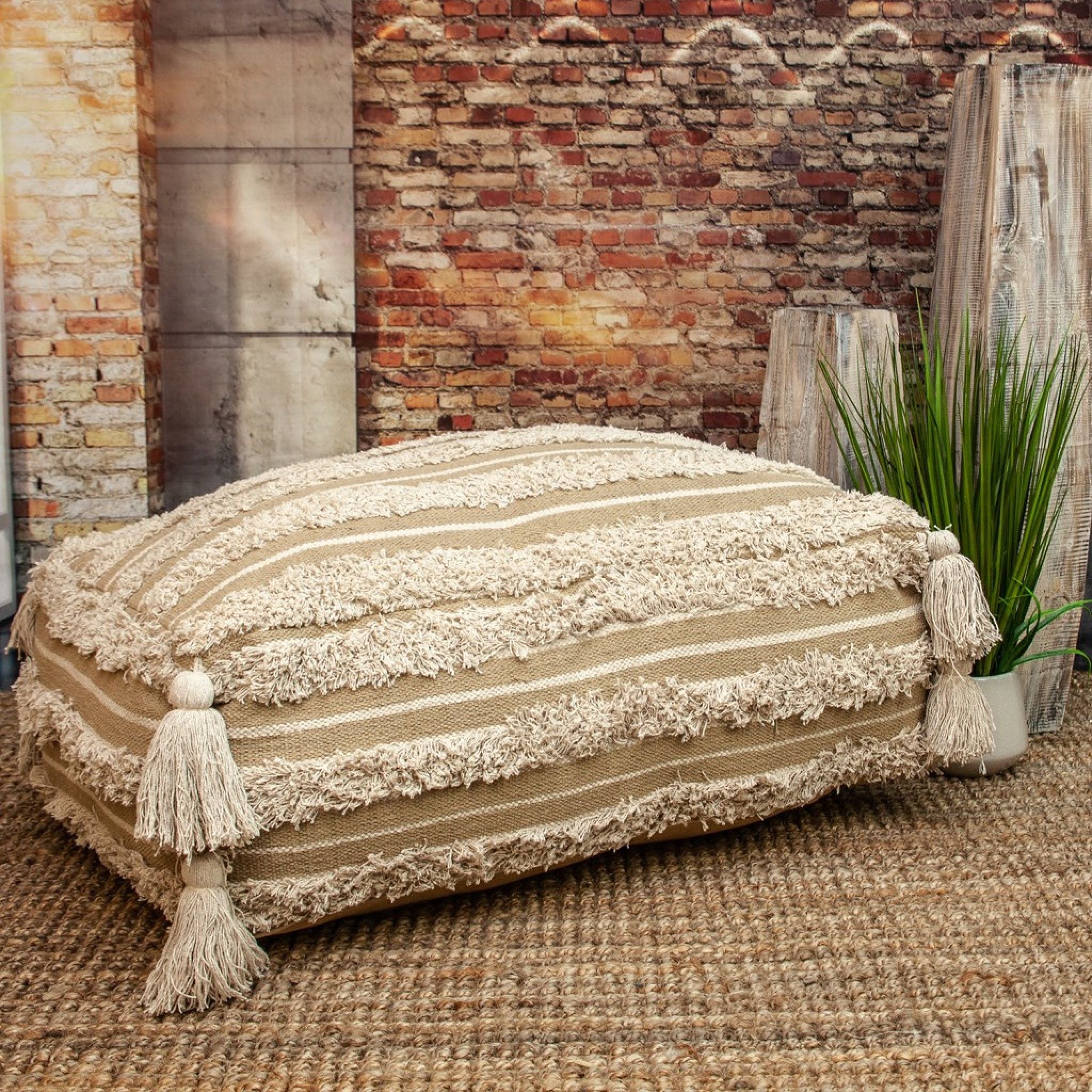 Fringe Striped Pouf - Camel