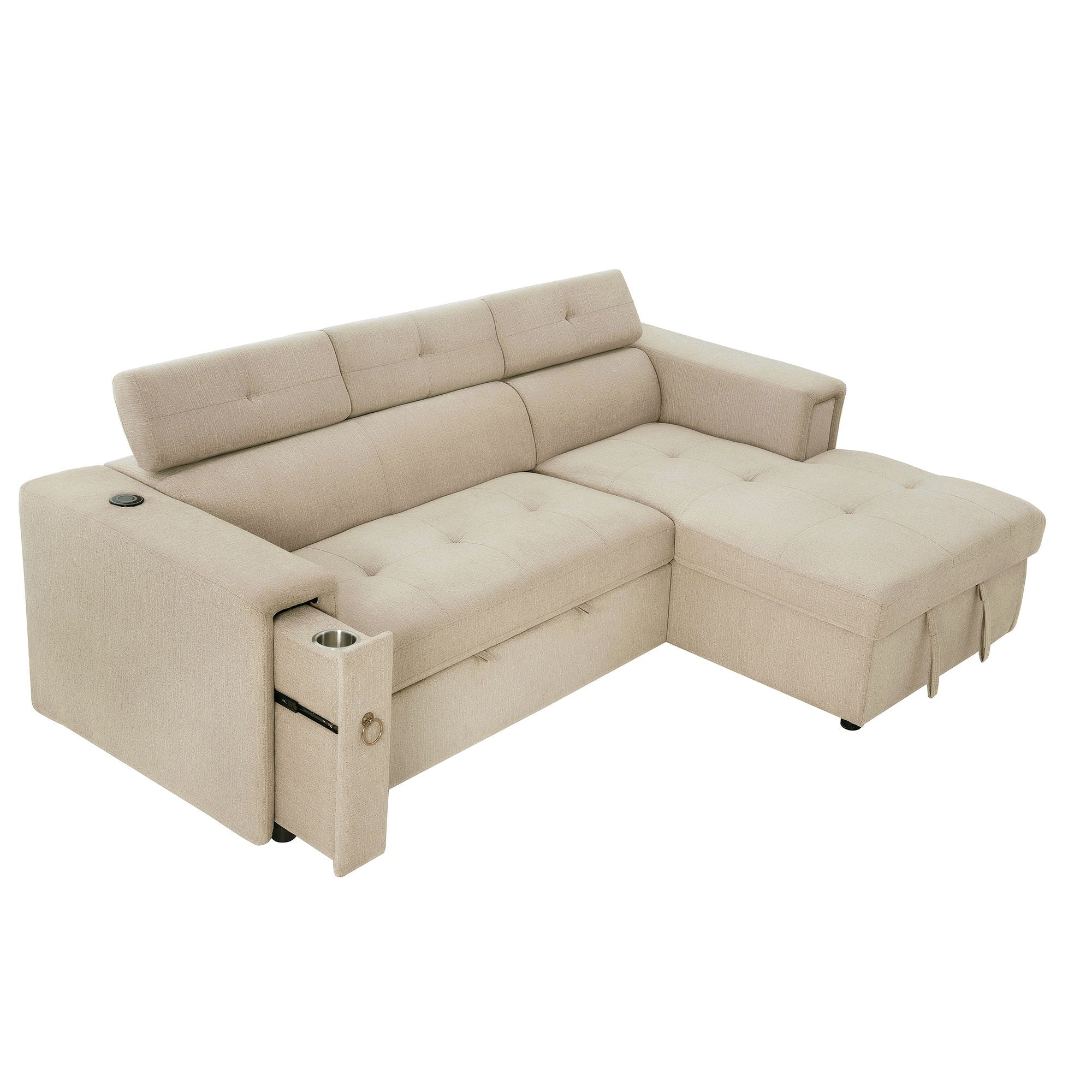 Multi-Functional Pull-Out Sofa Bed L-Shape Sectional Sofa With Adjustable Headrest, Wireless Charging, Cup Holders And Hidden Storage For Living Room