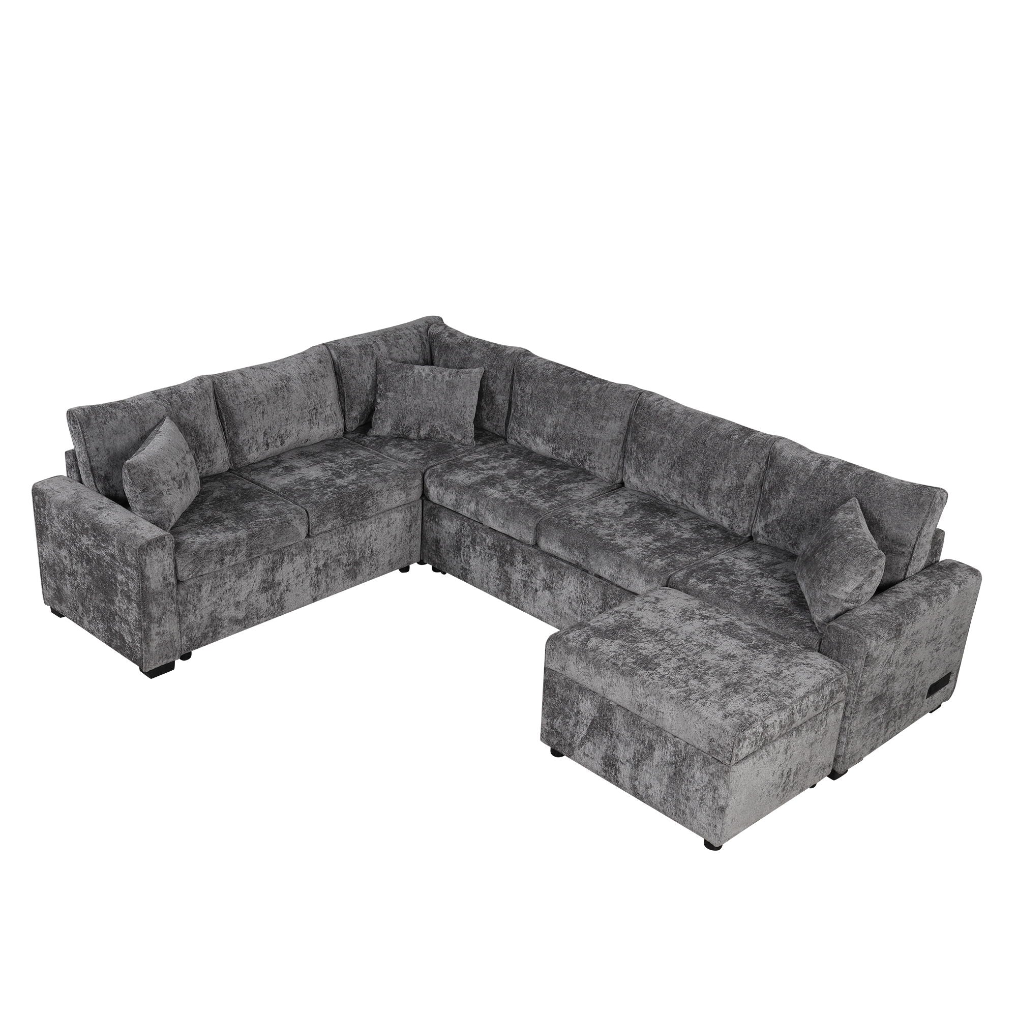 Sectional Sofa Pull-Out Sofa Bed Sleeper With A Storage Ottoman, Three Pillows And Charging Devices For Living Room