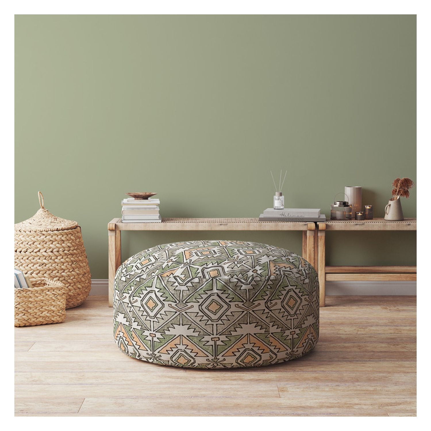 Cotton Round Damask Pouf Ottoman - Orange