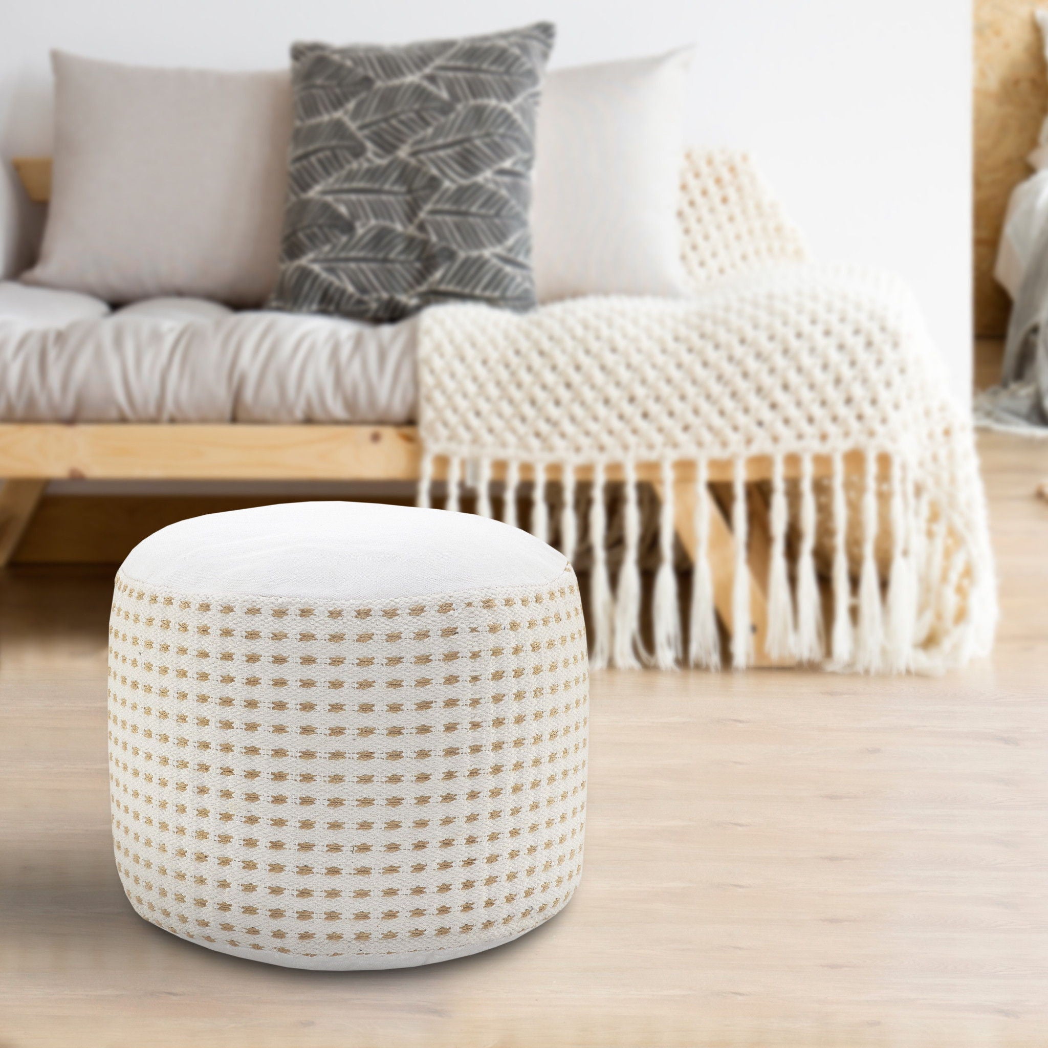 Jute Round Geometric Pouf Ottoman - White