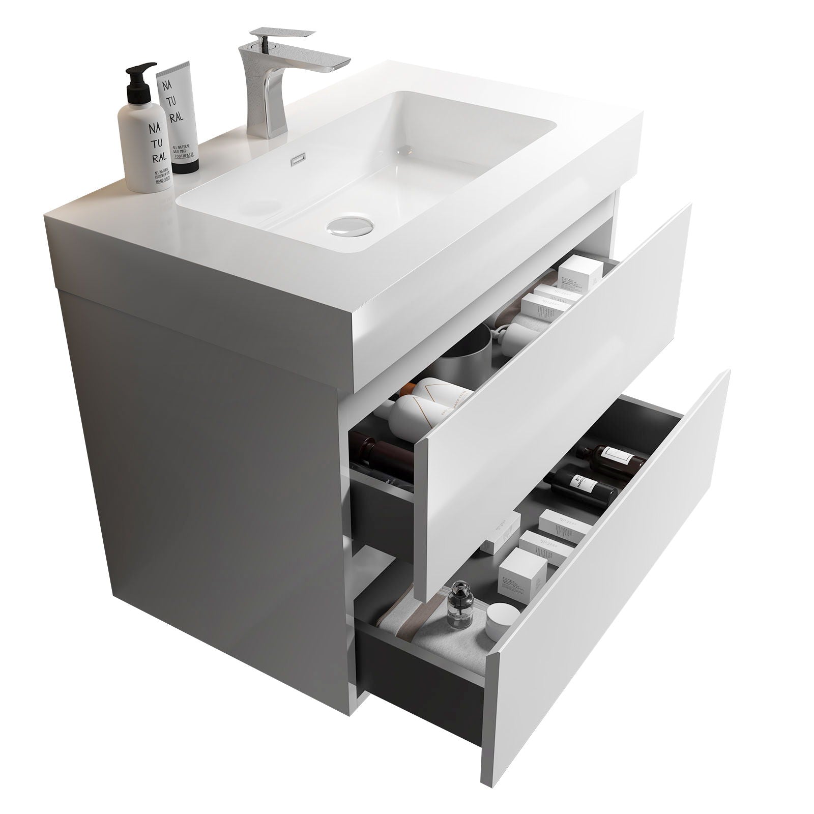 Alice - Bathroom Vanity With Large Storage, Sink Wall Mounted Floating Bathroom Vanity For Modern Bathroom, One-Piece Sink Basin Without Drain And Faucet