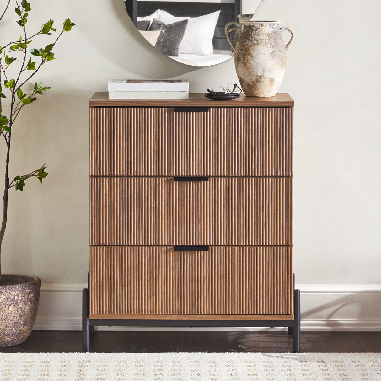 Mid-Century 3 Drawer Chest With Reeded Drawer Fronts by Walker Edison | Bel Furniture