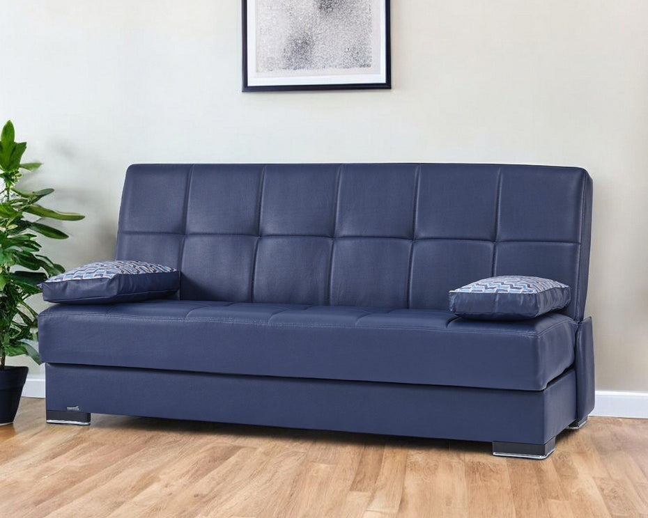 Faux Leather Convertible Futon Sleeper Sofa And Toss Pillows With Brown Legs - Blue